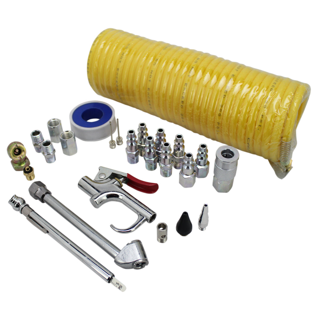 EXELAIR® Recoil Hose and Air Accessory Kit - 25' Recoil Hose, Blow Gun, 2 Chucks, Pencil Gauge, M-STYLE® Couplers/Plugs, Safety Adapter, Nozzle Tips, Inflator Needle, Hex Nipples/Couplings, and Thread Tape - 150 Max PSI (25-Piece)