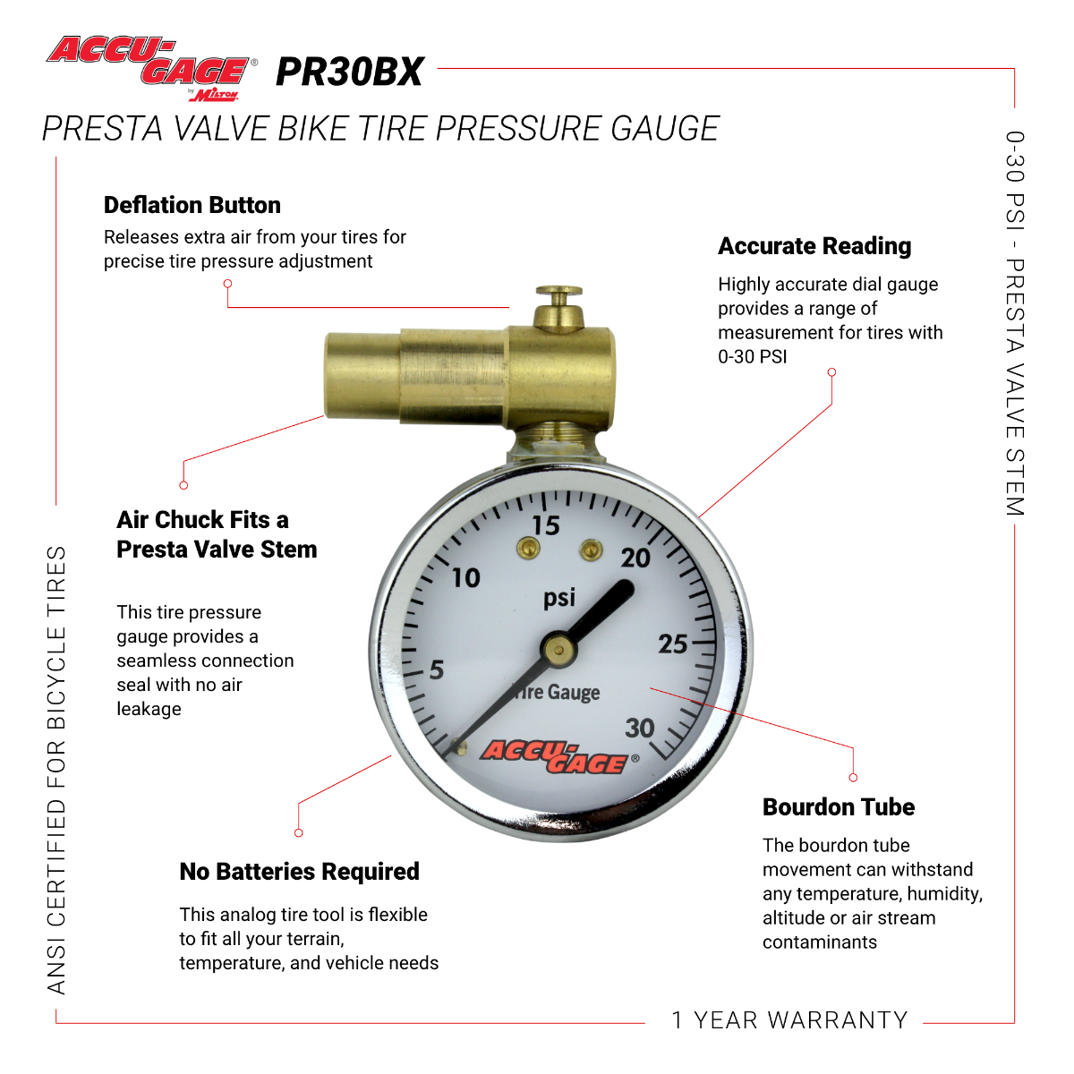 ACCU-GAGE® by Milton® Presta Valve Bike Tire Pressure Gauge with Bleeder Valve, for 0-30 PSI - ANSI Certified