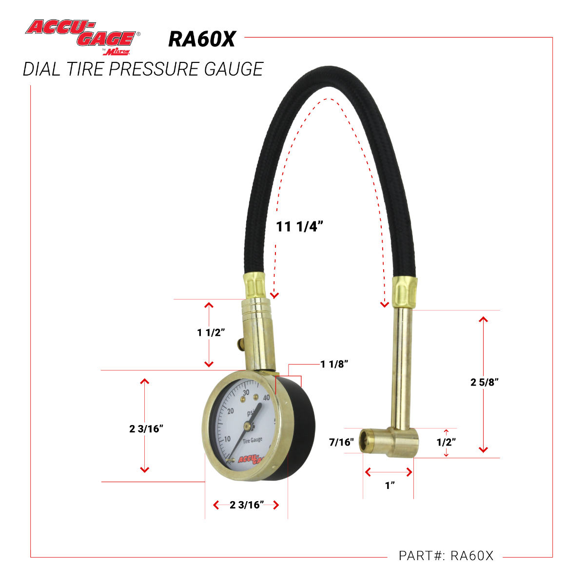 ACCU-GAGE® by Milton® Dial Tire Pressure Gauge w/ Right Angle Air Chuck and 11