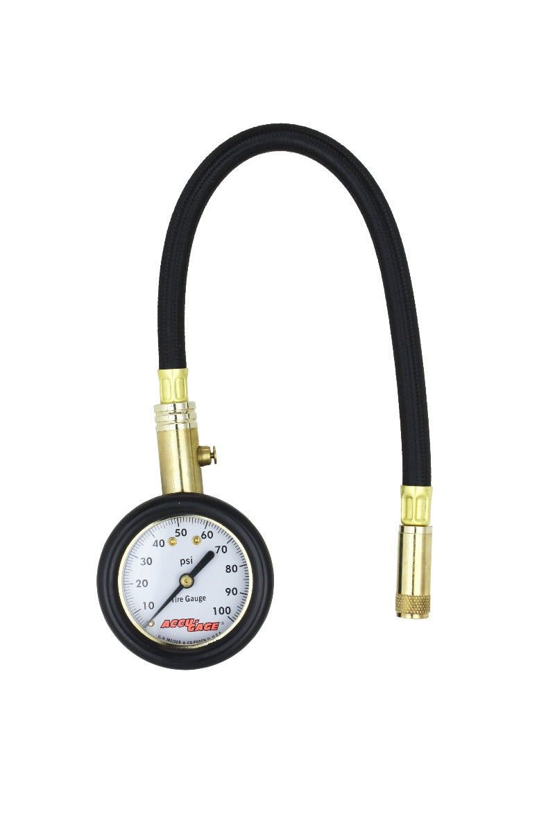 ACCU-GAGE® by Milton® Dial Tire Pressure Gauge with Straight Air Chuck and 11 in. Braided Hose - ANSI Certified for Motorcycle/Car/Truck Tires (0-100 PSI)