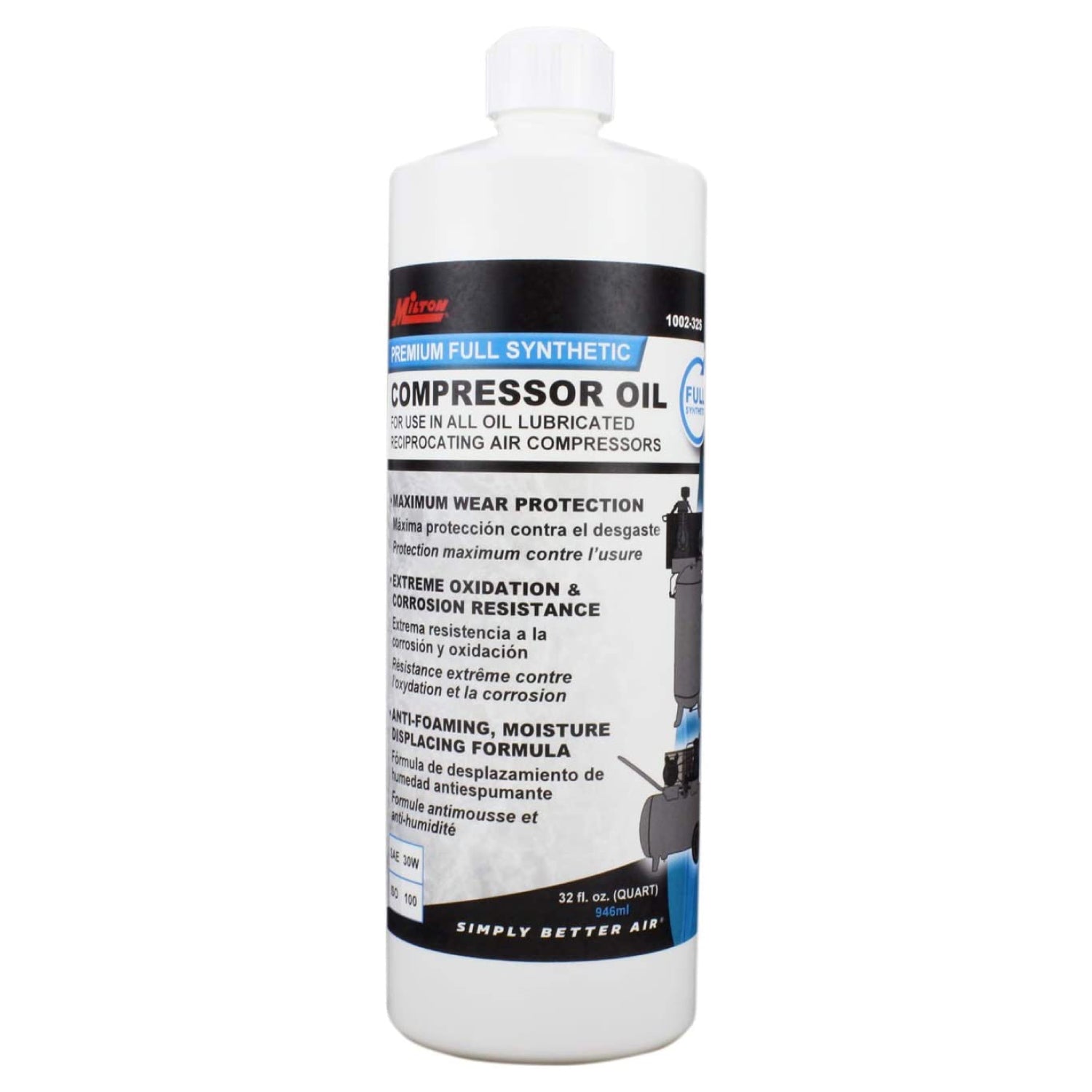1002-32 - Milton® High-Performance Conventional Air Compressor Oil, 32 oz. (SAE 30W, ISO 100), 32 oz. 6 Pack