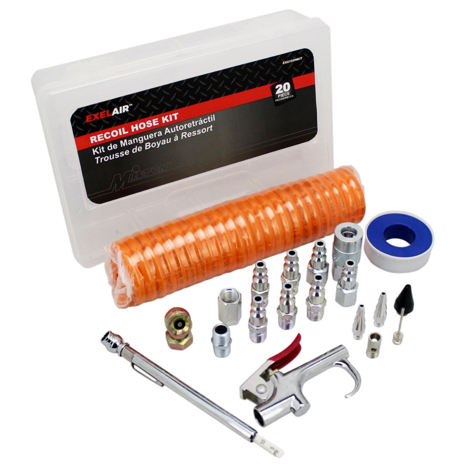 EXELAIR® Recoil Hose and Air Accessory Kit - 13' Hose, Blow Gun, Ball Foot Chuck, Pencil Gauge, M-STYLE® Couplers/Plugs, Safety Adapter, Nozzle Tips, Inflator Needle, Hex Nipple/Coupling, and Thread Tape - 150 Max PSI (20-Piece)