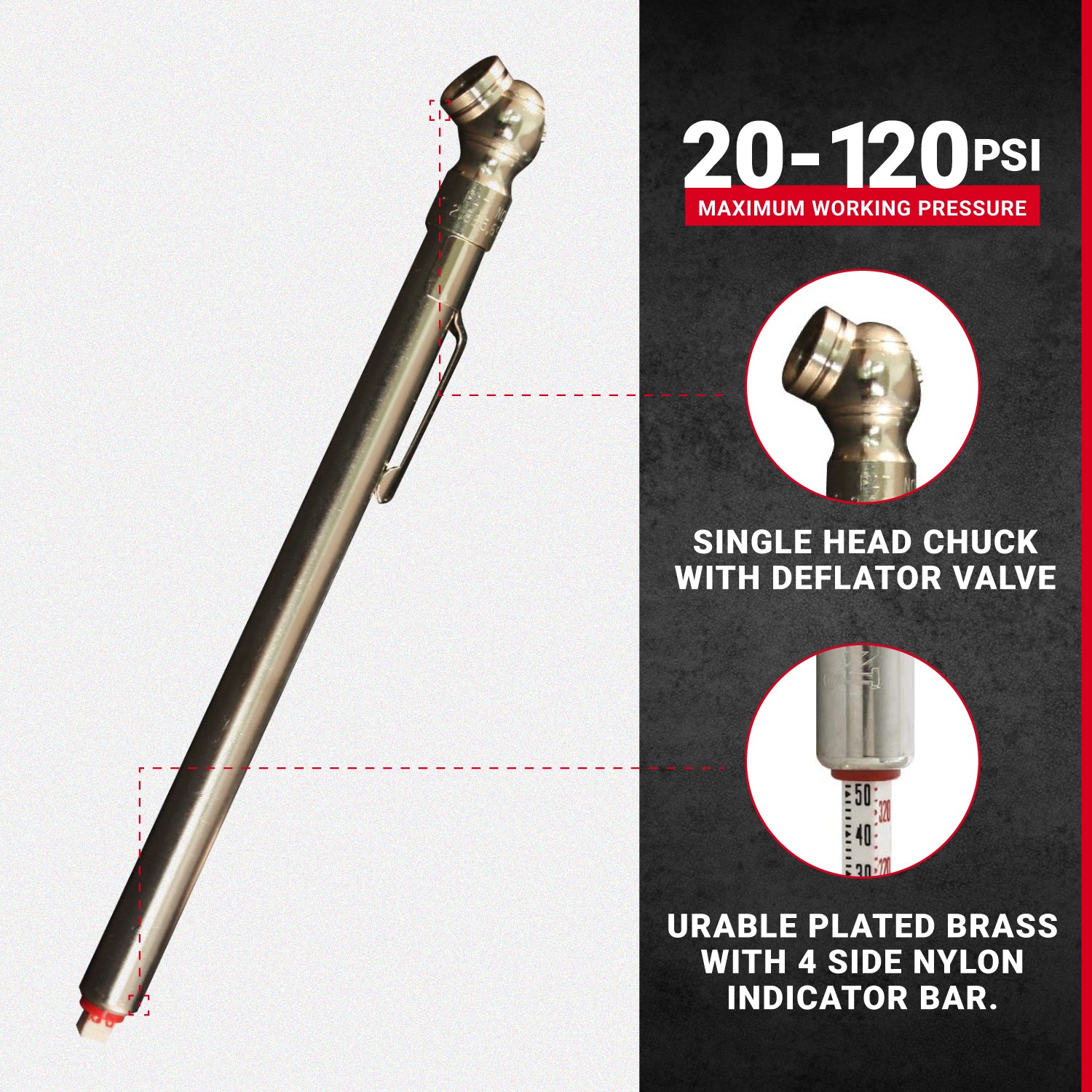 Tire Pressure Gauge, 20-120 PSI Single Head Air Chuck (Box of 10)