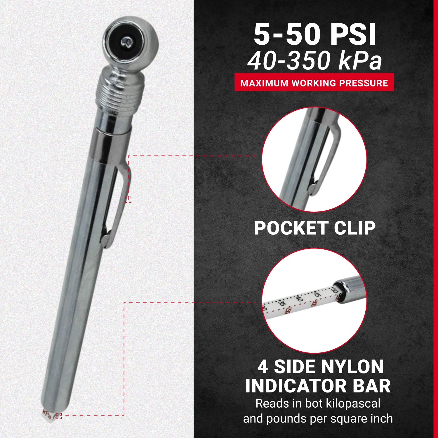 Milton® Heavy Duty, Tire Pencil Gauge, 5-50 PSI, Single Head Air Chuck, Brass Tubing, Corrosion Resistant