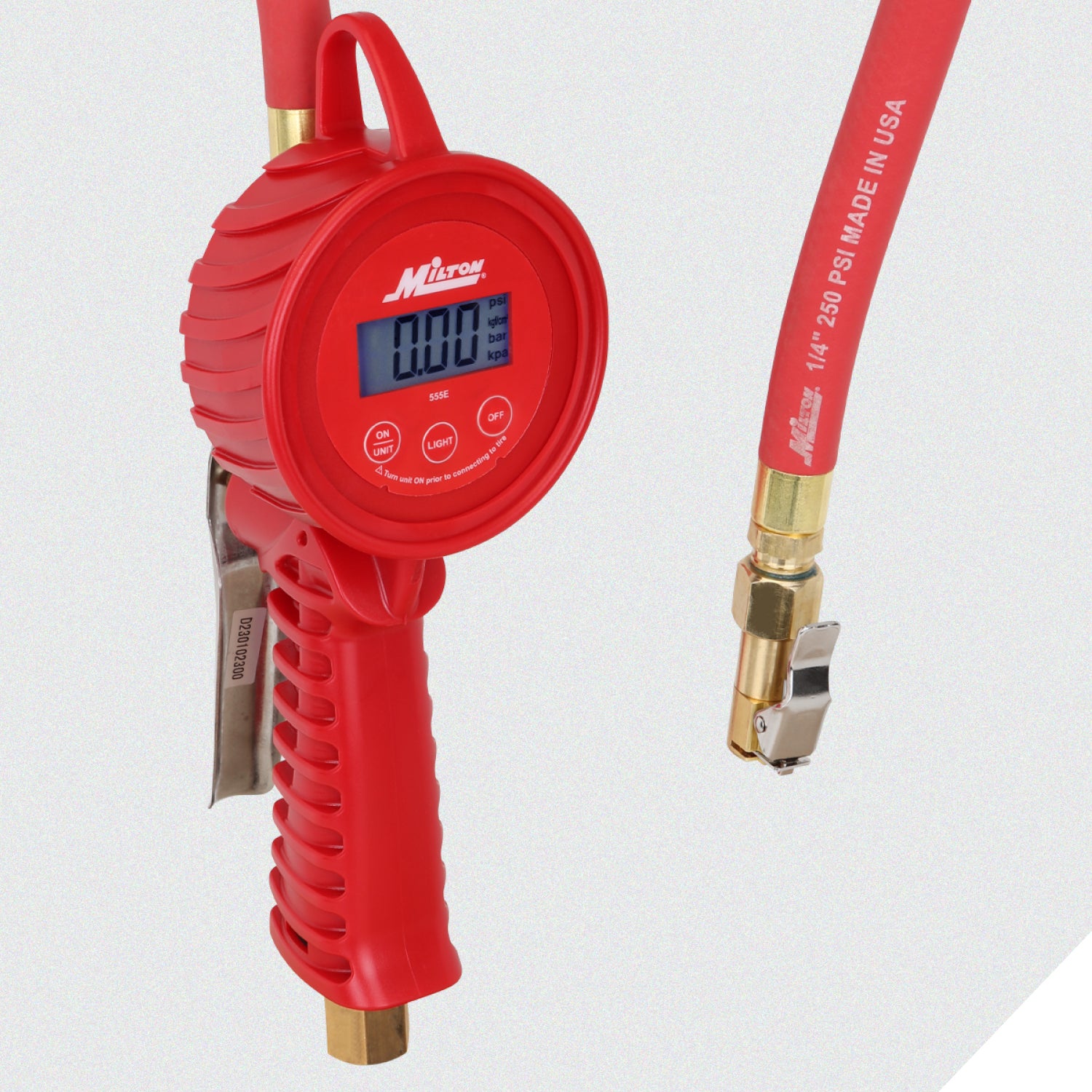 555e Digital Tire Inflator Gauge, used on multiple vehicle types, measures from 5 to 220 PSI, ± 1 PSI Accuracy