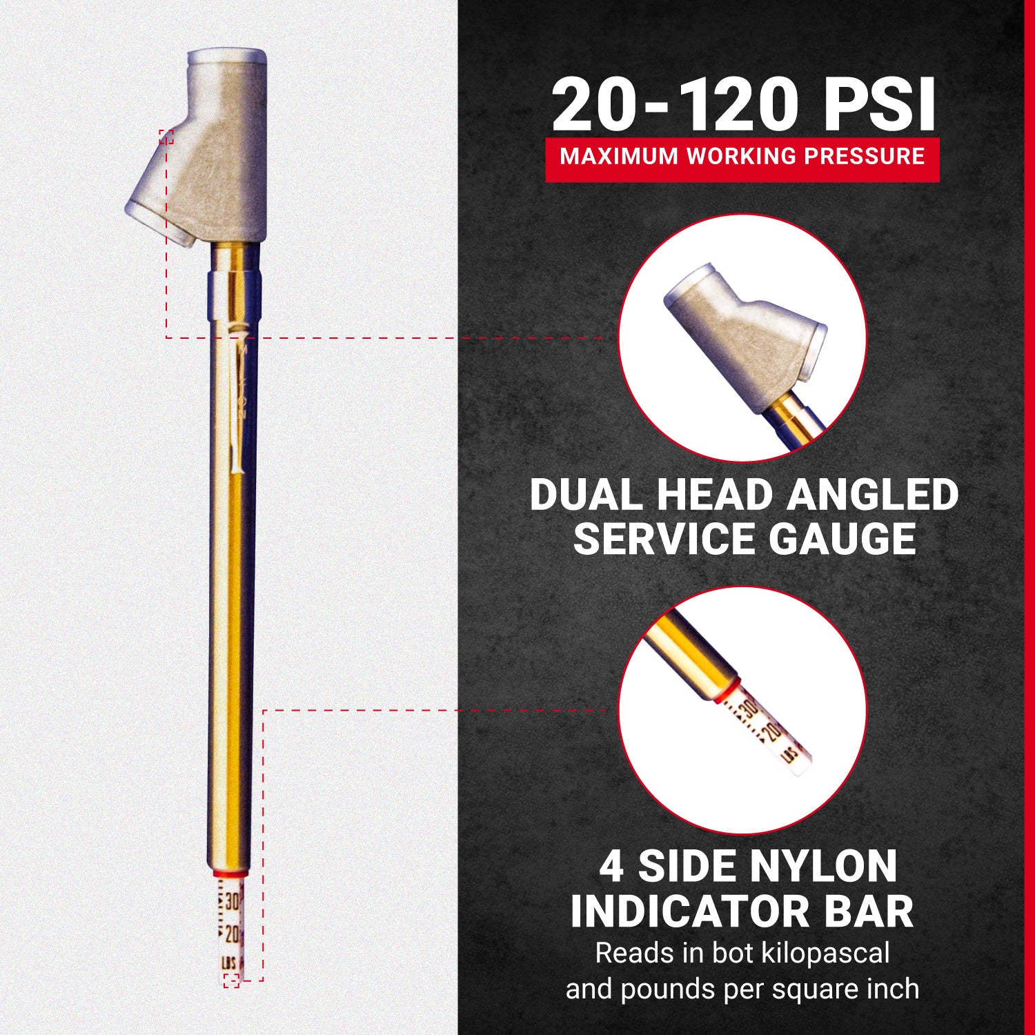 Tire Pressure Gauge, 2-120 PSI Straight Foot Dual Head Air Chuck (Box of 100)