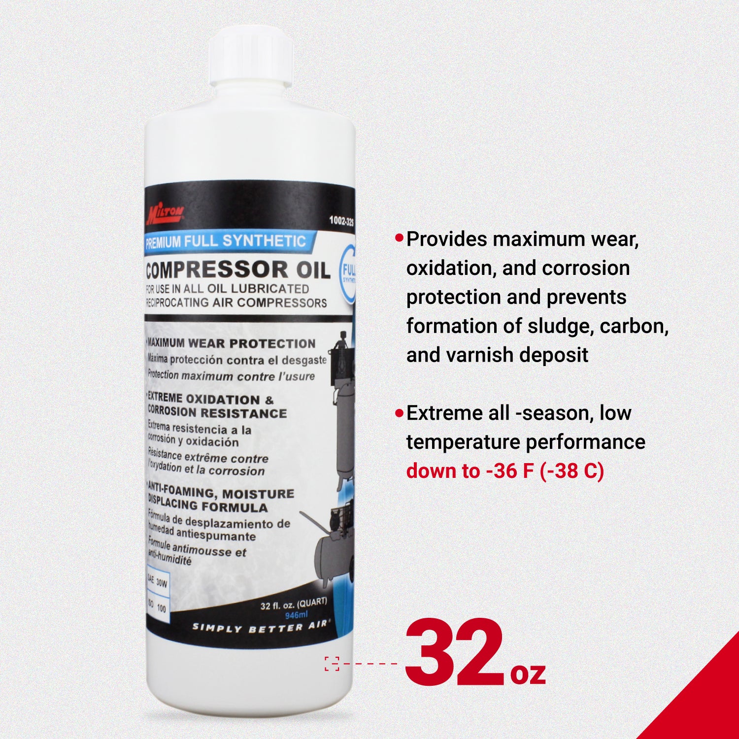 1002-32 - Milton® High-Performance Conventional Air Compressor Oil, 32 oz. (SAE 30W, ISO 100), 32 oz. 6 Pack