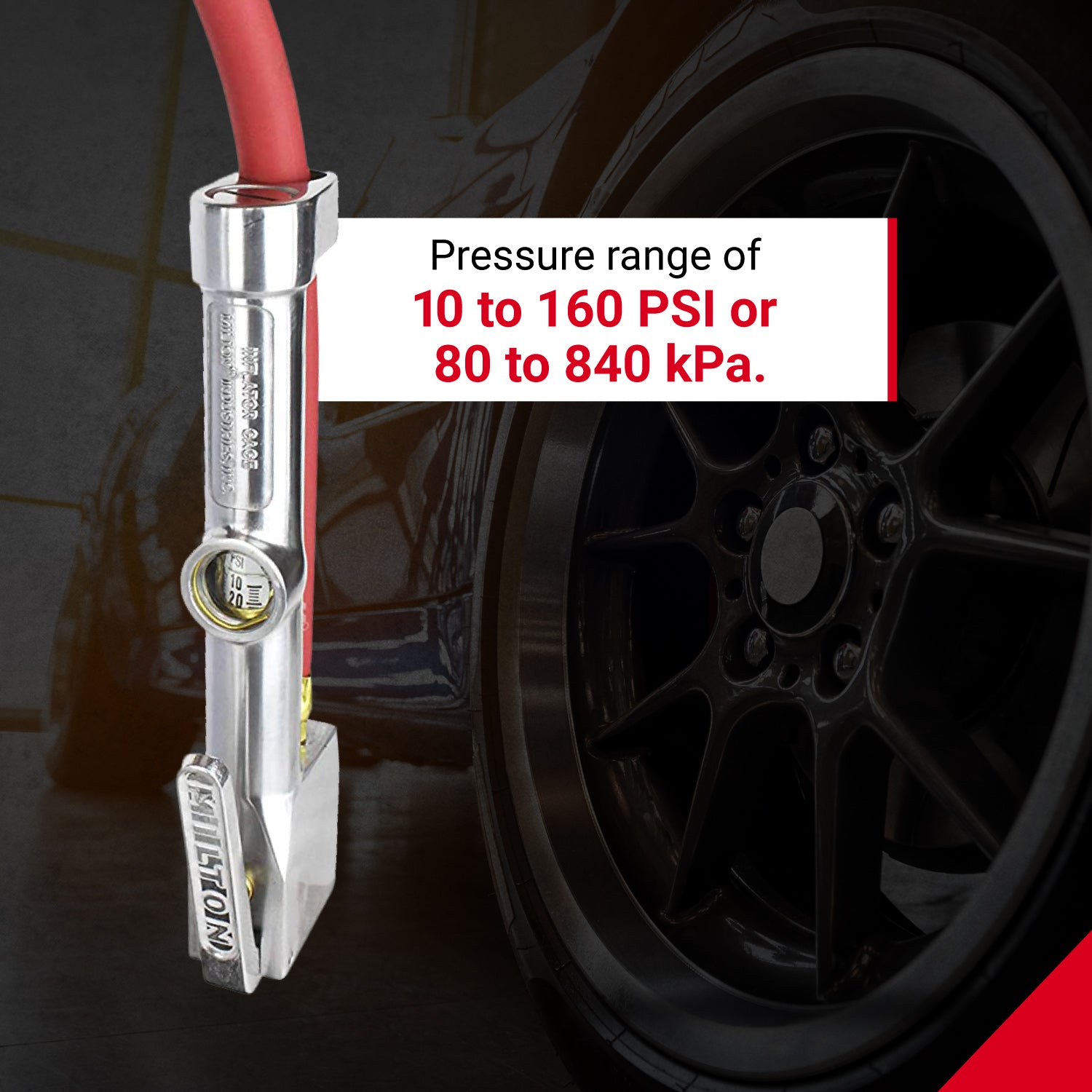 Easy-On Grip Chuck Tire Inflator Gauge with 5-Foot Hose - 10-160 PSI