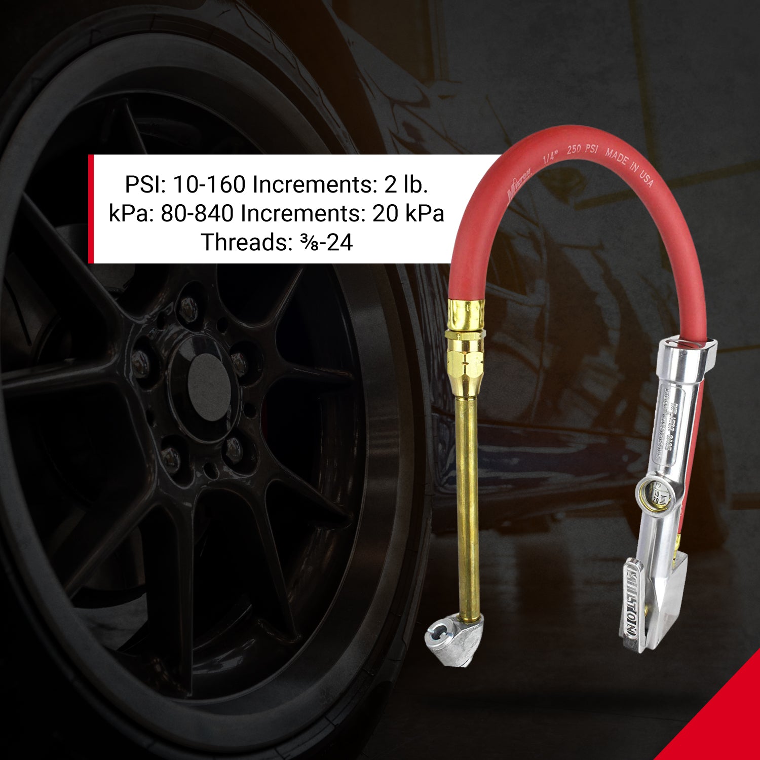 Service Station Tire Inflator and Air Pressure Gauge, Straight Foot Chuck w/ Thread Lock, 1/4