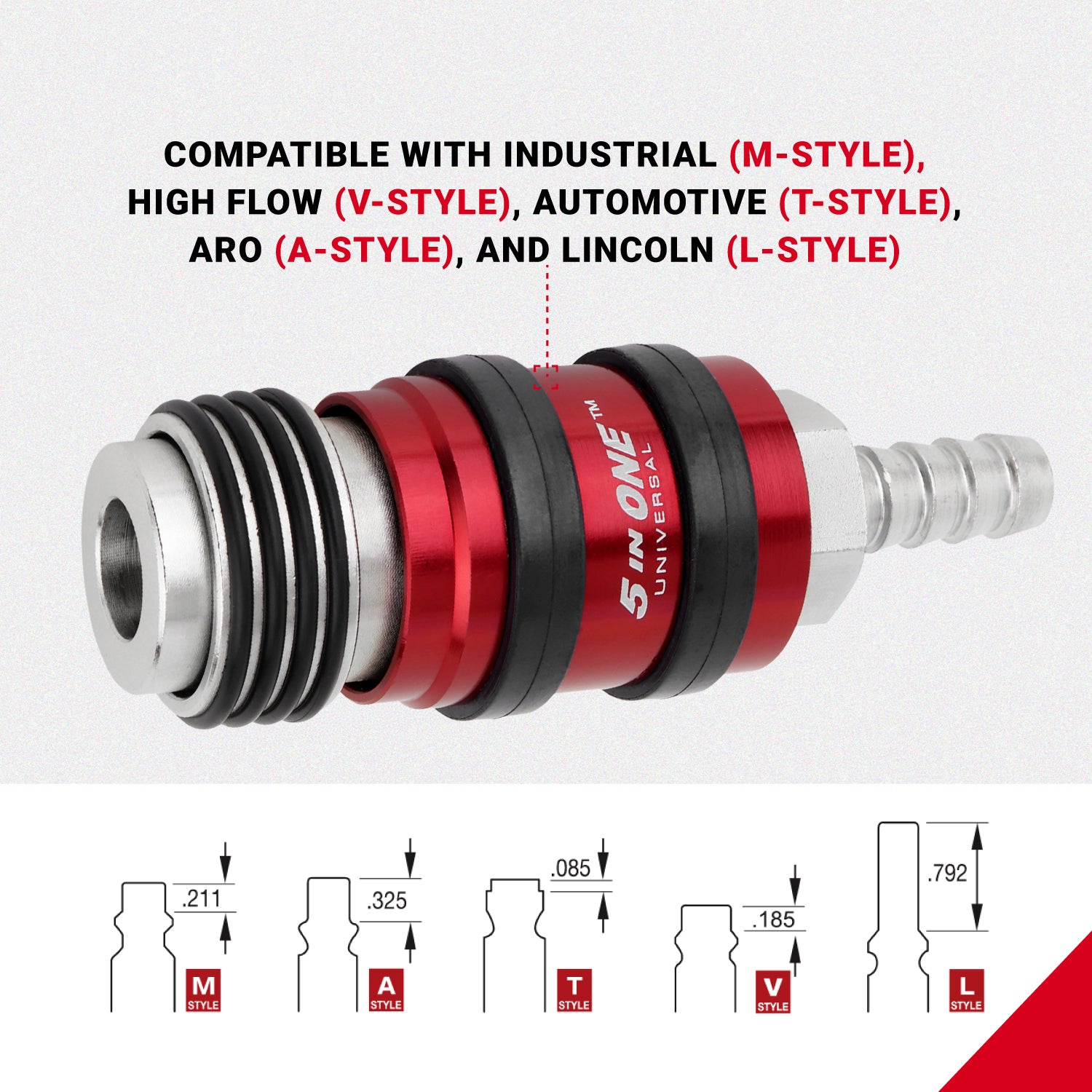 5 In ONE® Universal Safety Exhaust Hose Barb Industrial Coupler, 3/8