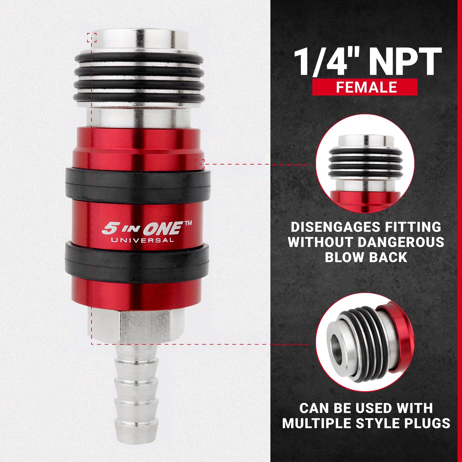 5 In ONE® Universal Safety Exhaust Hose Barb Industrial Coupler, 3/8