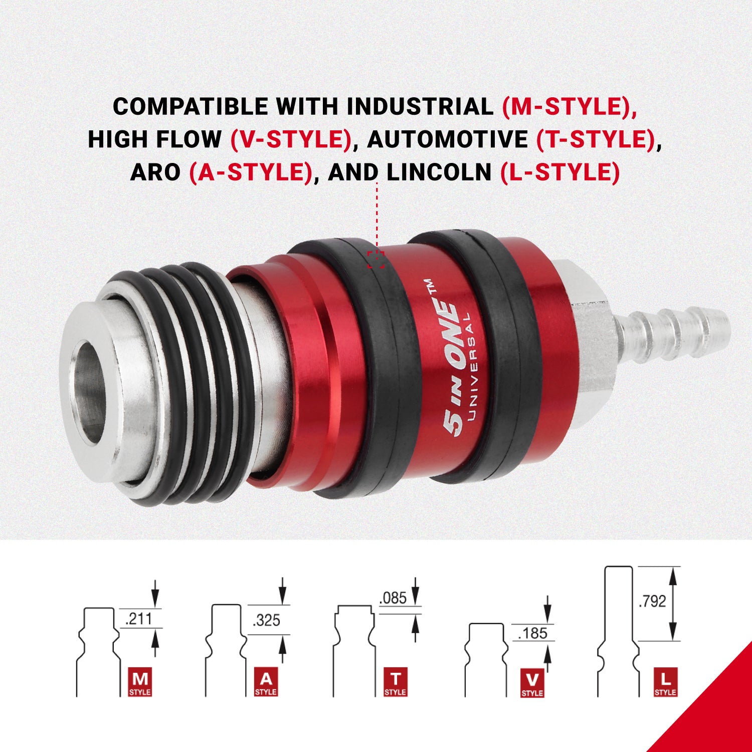 5 In ONE® Universal Safety Exhaust Hose Barb Industrial Coupler, 1/4