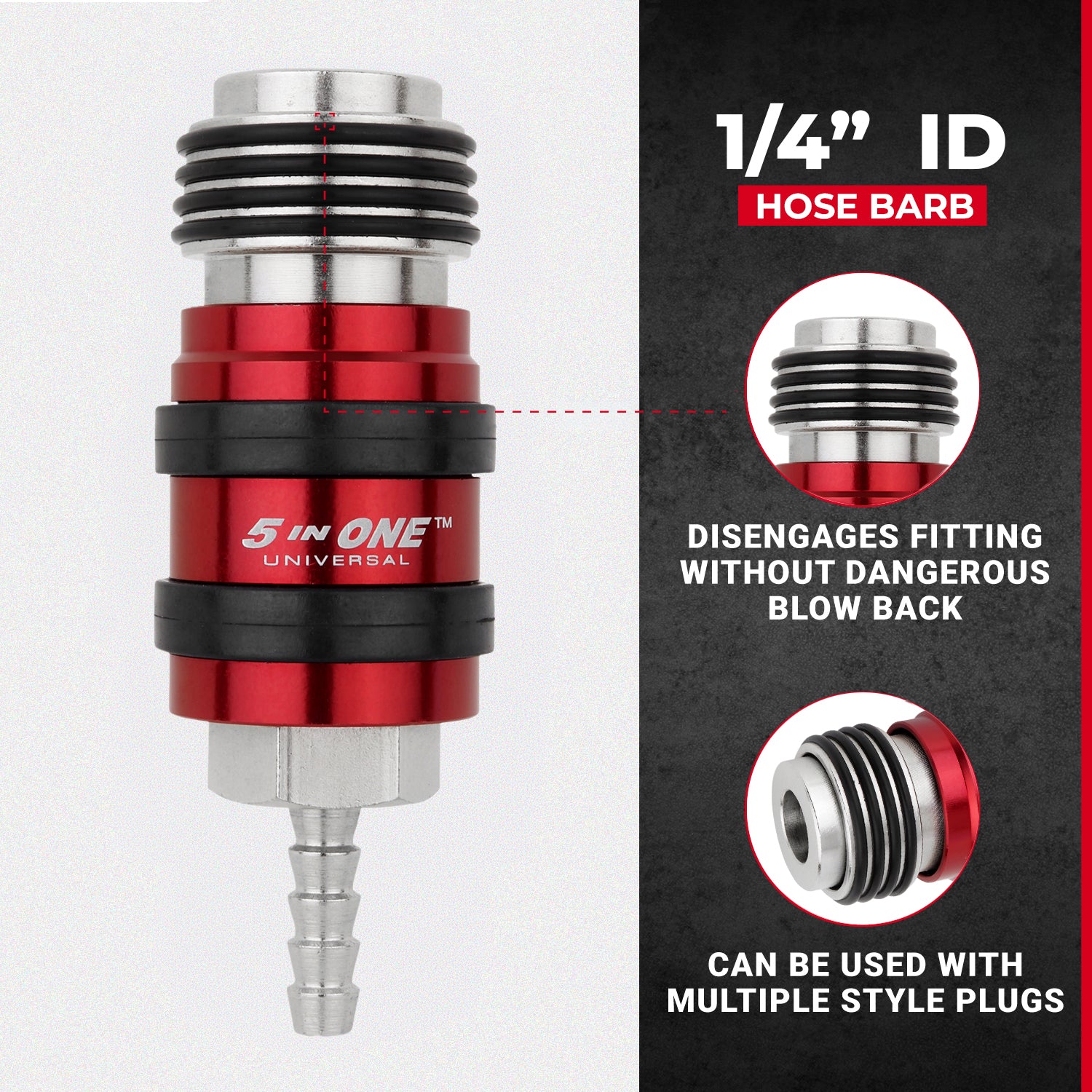 5 In ONE® Universal Safety Exhaust Hose Barb Industrial Coupler, 1/4