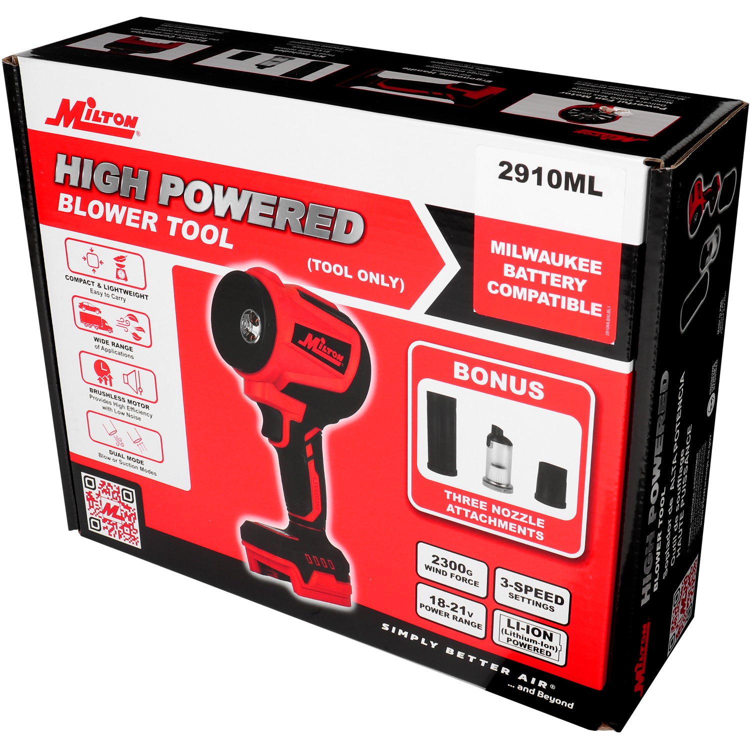 MILTON INDUSTRIES (R) High-Powered Cordless Blower & Vacuum – Handheld Jet Blower, 3-Speed Brushless Motor, 2300g Wind Force, Compatible with Milwaukee® 18–21V Battery