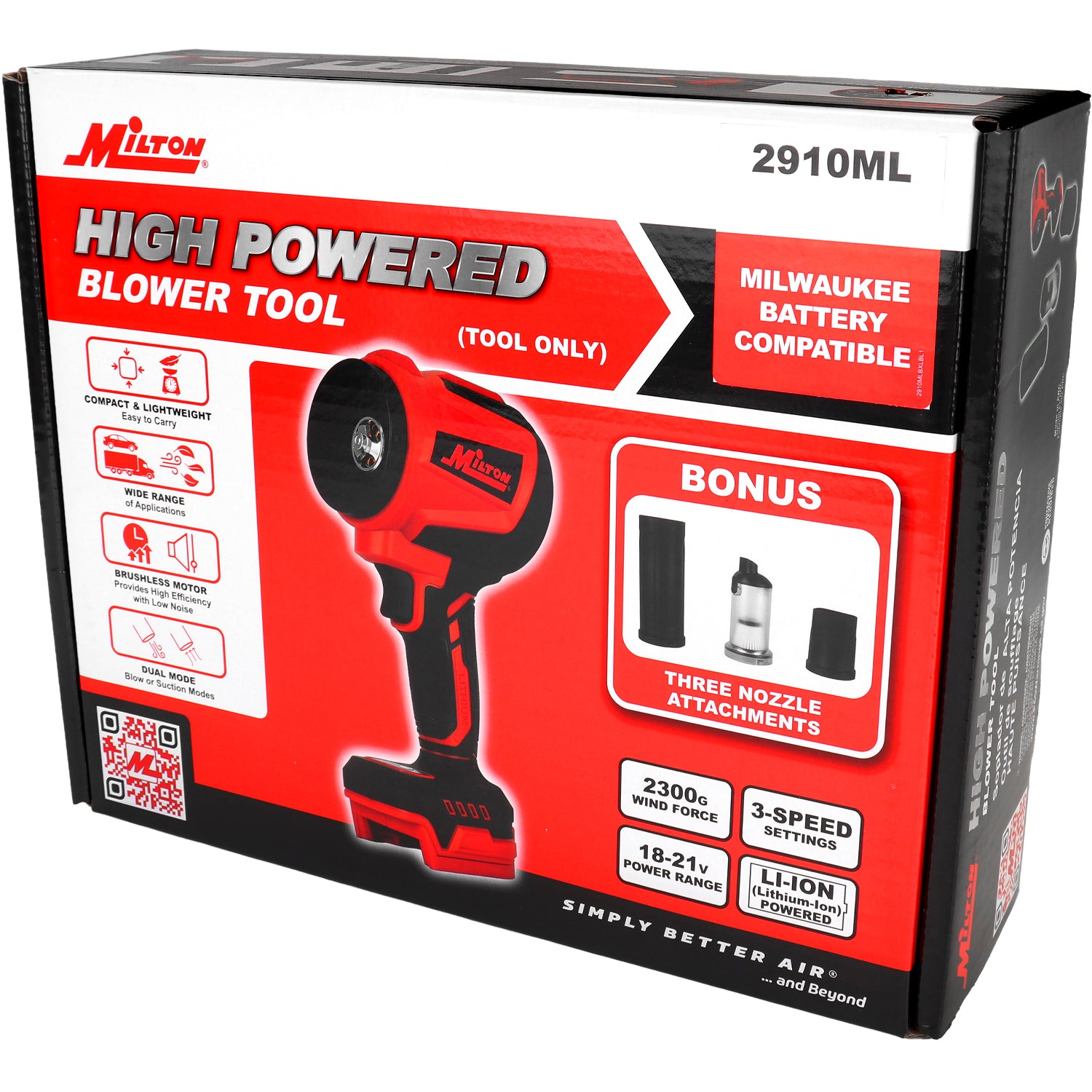 MILTON INDUSTRIES (R) High-Powered Cordless Blower & Vacuum – Handheld Jet Blower, 3-Speed Brushless Motor, 2300g Wind Force, Compatible with Milwaukee® 18–21V Battery
