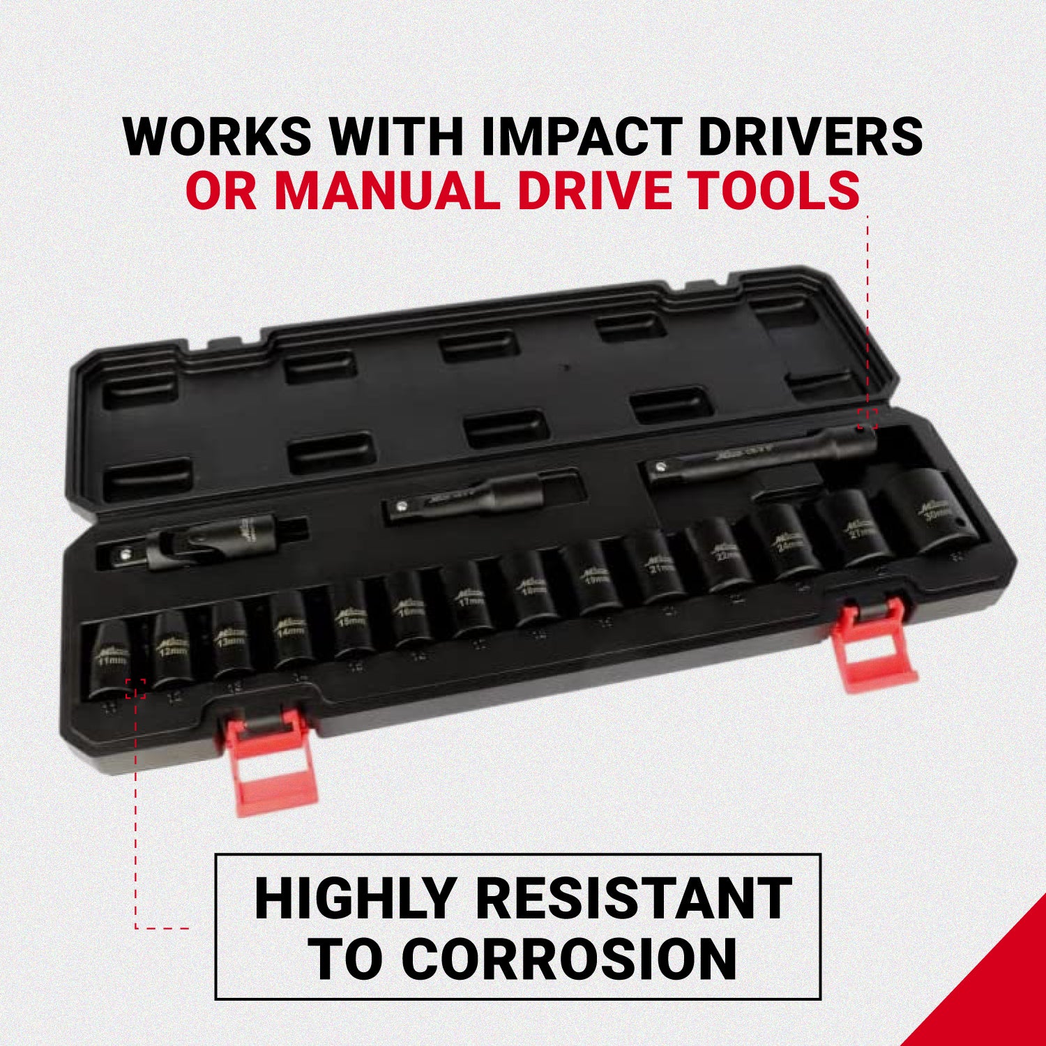 1300-SS-06 1/2 Drive Shallow 11-30 Metric Impact Socket Set w/Universal Joint & Extension Bars (17-Piece)