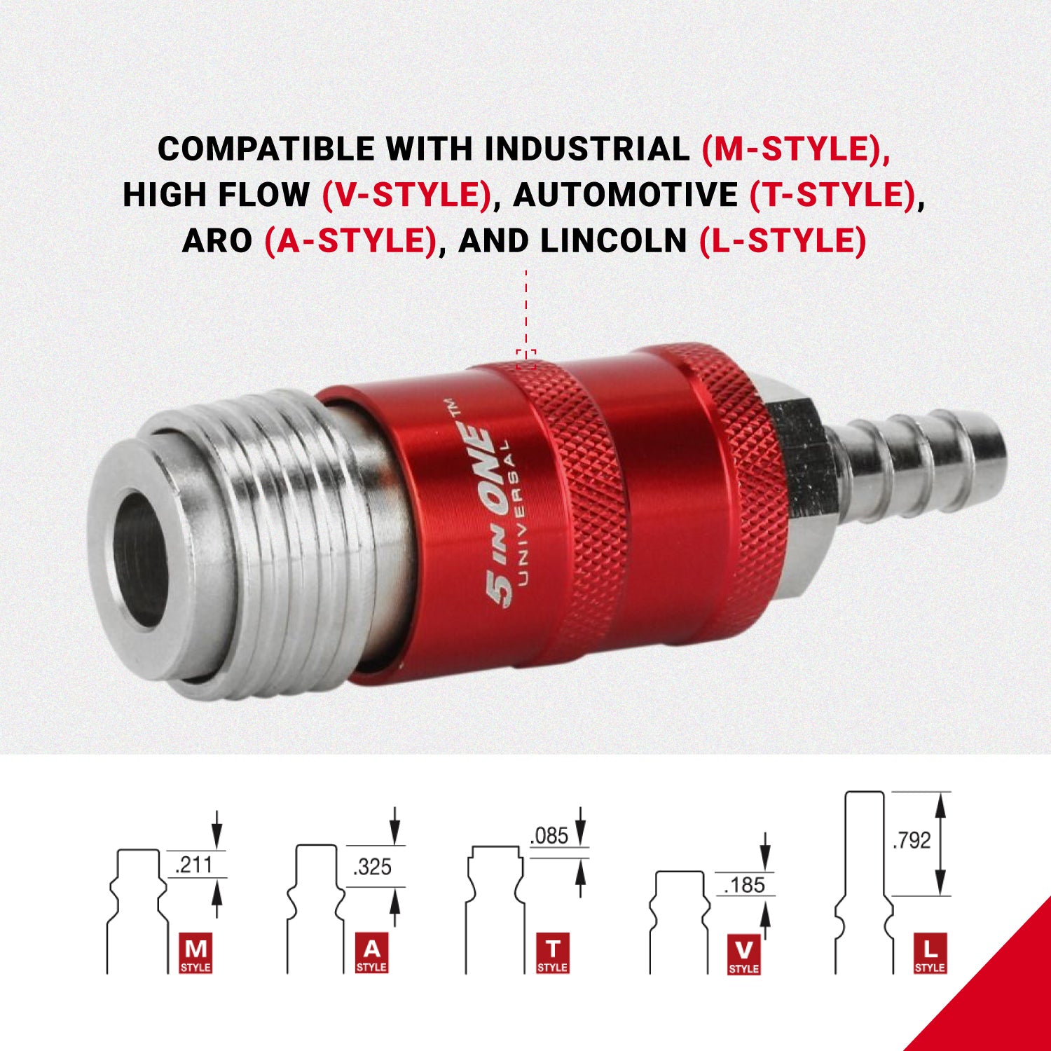 5 In ONE® Universal Safety Exhaust Hose Barb Industrial Coupler, 1/4