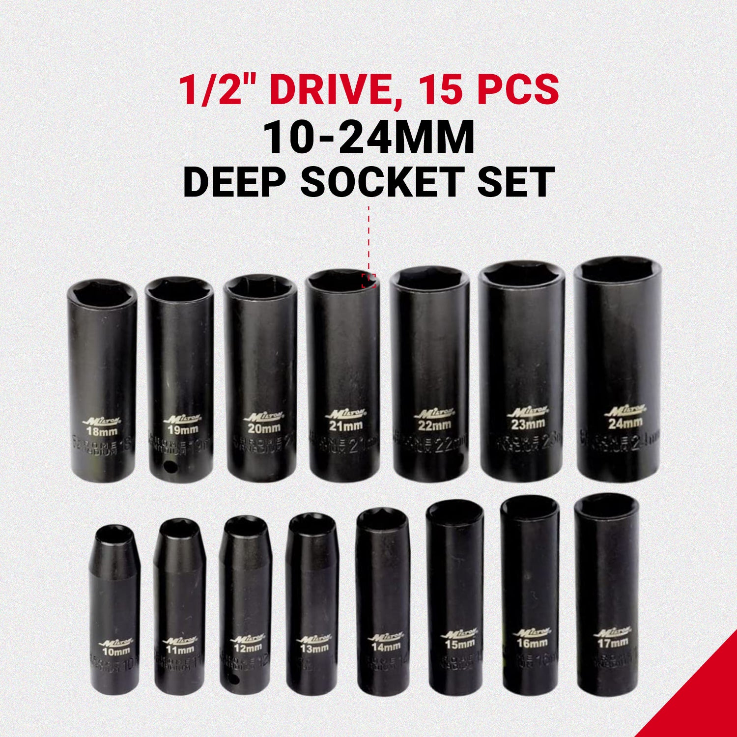 1300-SS-05 1/2 Drive Deep 10-24 Metric Impact Socket Set (15-Piece)