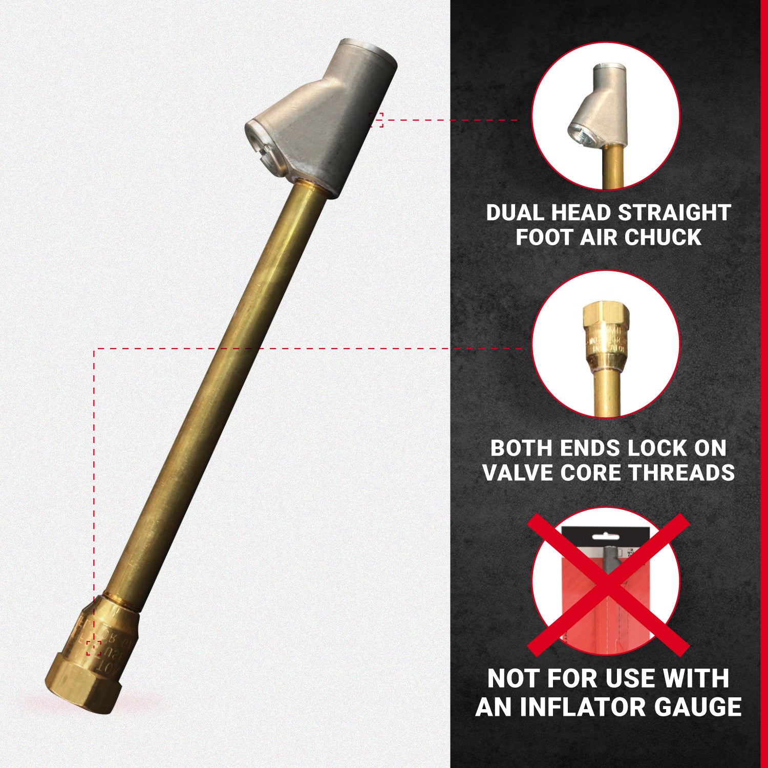 Straight Foot Dual-Head Air Chuck Tire Pressure Gauge, 1/4