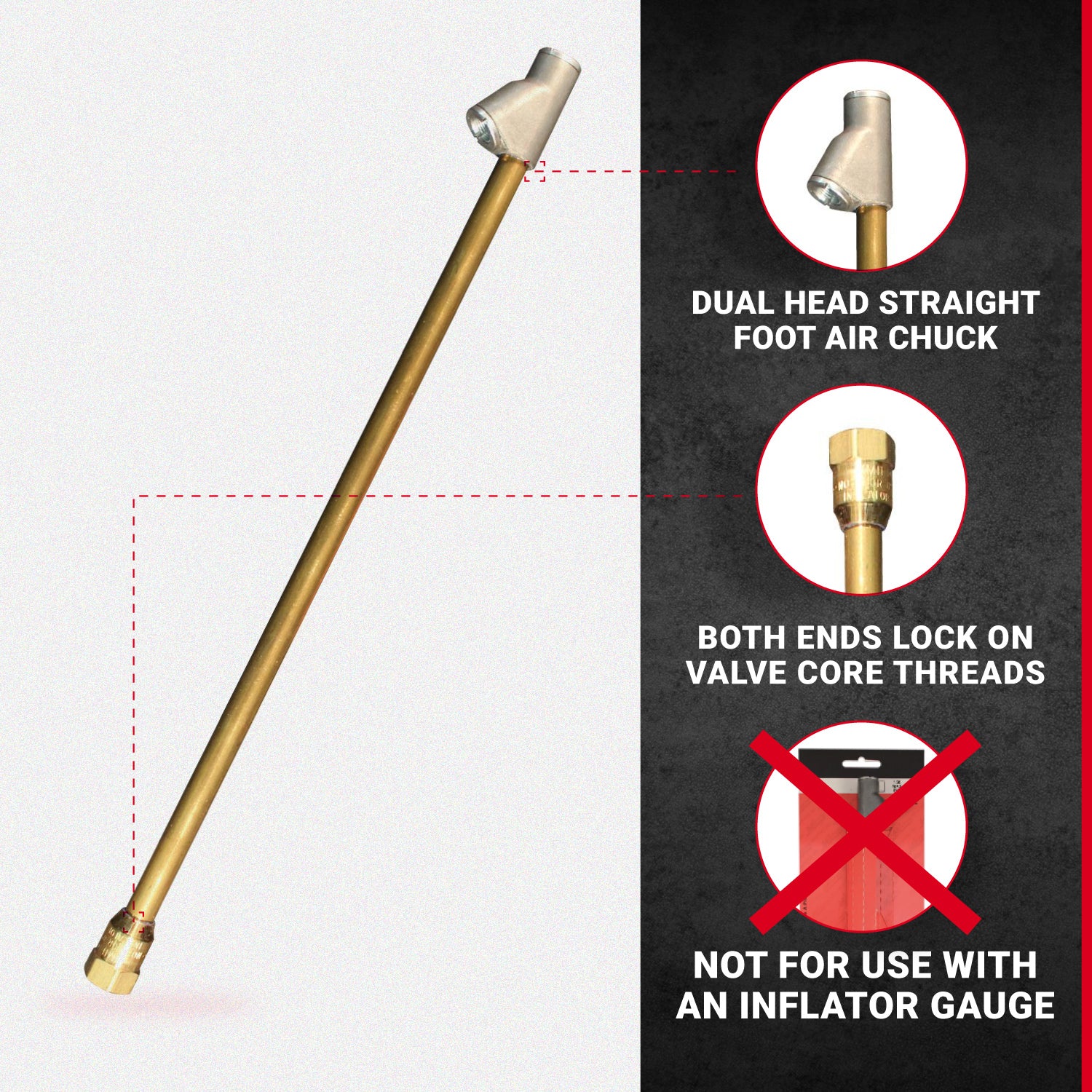 Straight Foot Dual Head Air Chuck for Tire Pressure Guage, 12