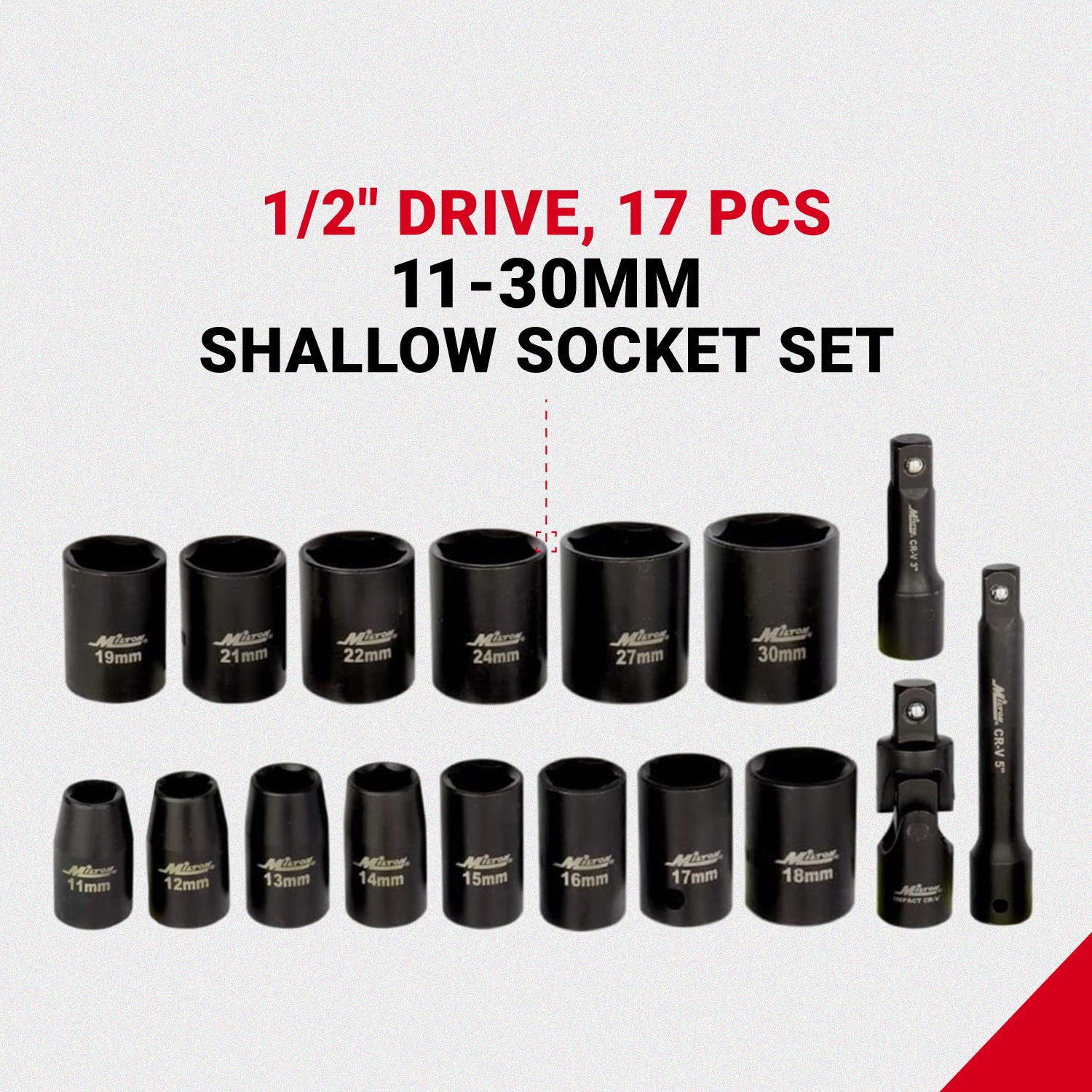 1300-SS-06 1/2 Drive Shallow 11-30 Metric Impact Socket Set w/Universal Joint & Extension Bars (17-Piece)