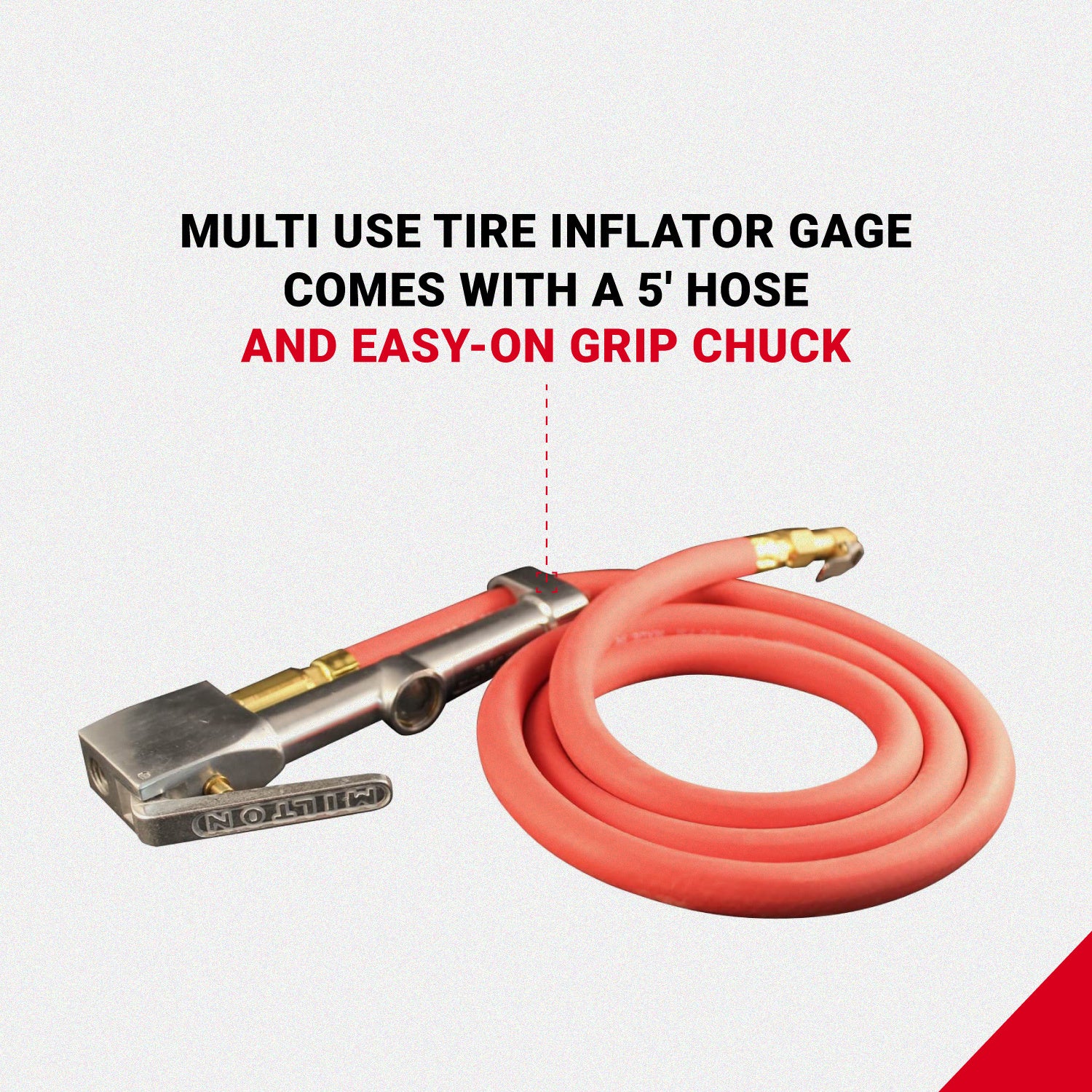 Easy-On Grip Chuck Tire Inflator Gauge with 5-Foot Hose - 10-160 PSI