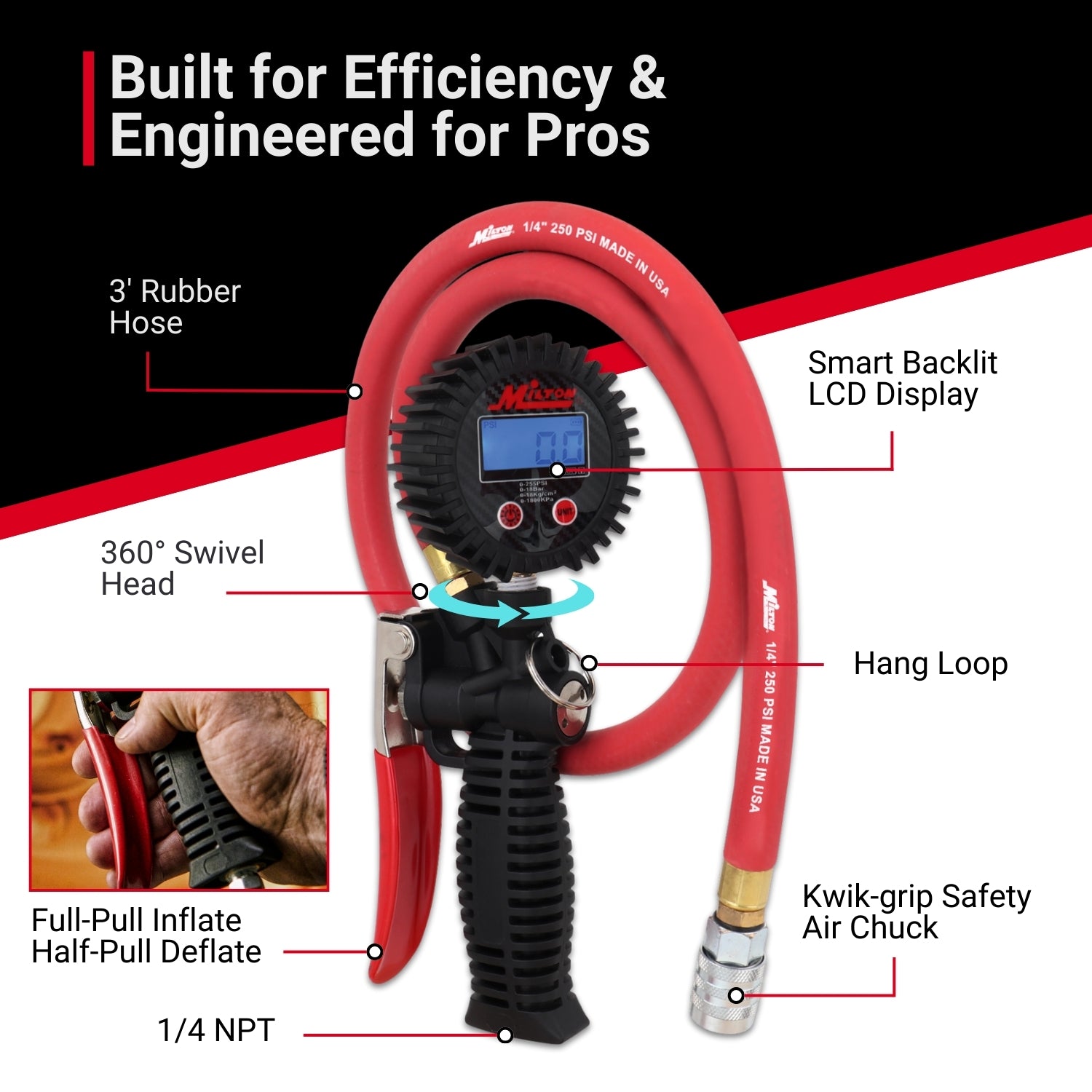 Pro Digital Tire Inflator/Pressure Pistol Grip Gauge, KWIK-CHANGE® Safety Chuck, 36