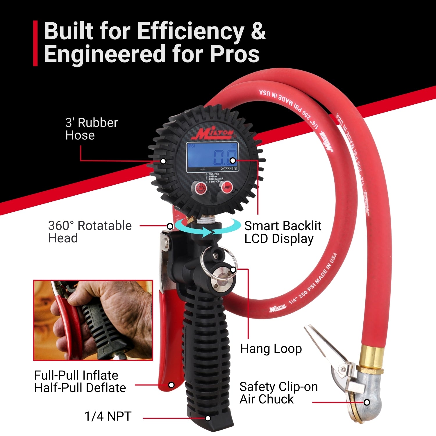 Pro Digital Tire Inflator/Pressure Pistol Grip Gauge - Ball Foot Air Chuck w/Clip, 36