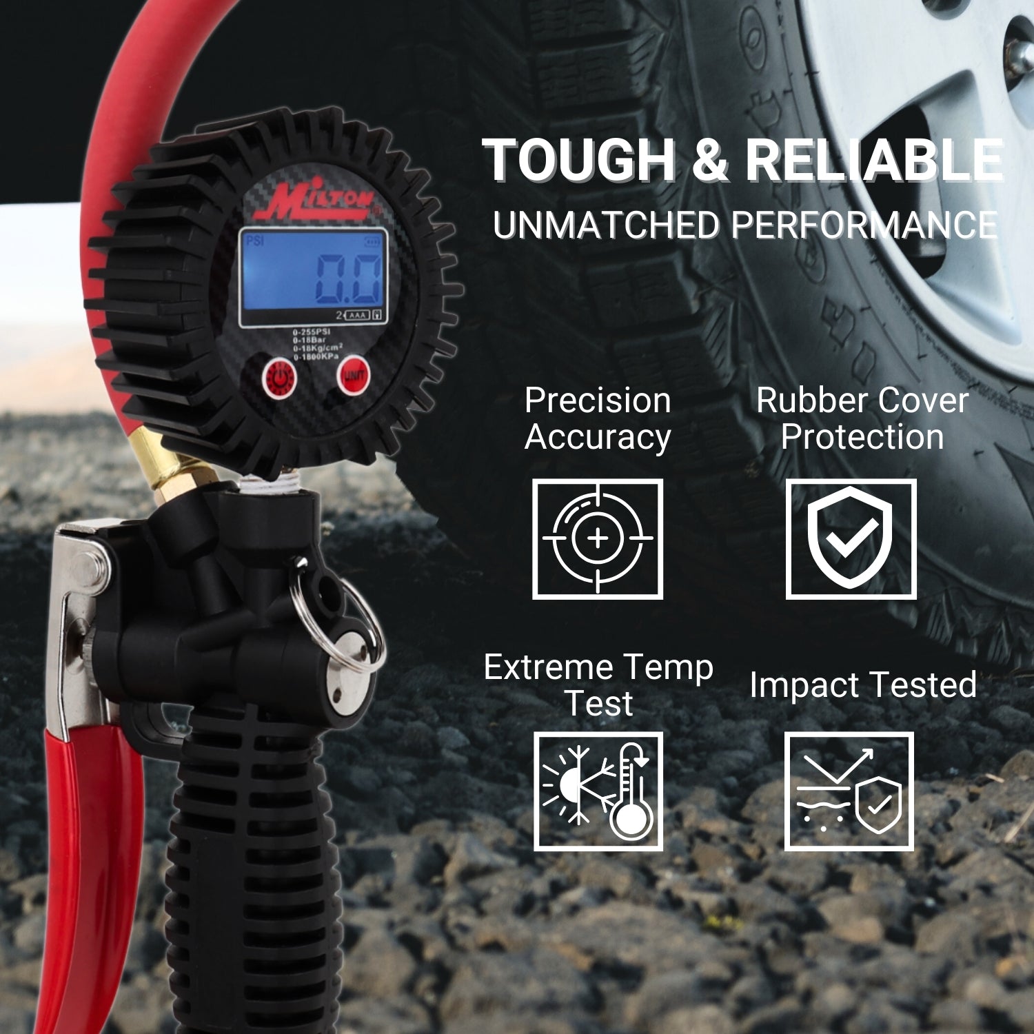 Digital Tire Inflator Milton Pro Digital Pistol Grip Tire Inflator | 255 PSI Gauge With Dual Head Chuck | Backlit LCD Screen Digital Tire Gauge Digital Tire Inflator Milton Pro Digital Pistol Grip Tire Inflator | 255 PSI Gauge With Dual Head Chuck | Backlit LCD Screen Digital Tire Gauge
