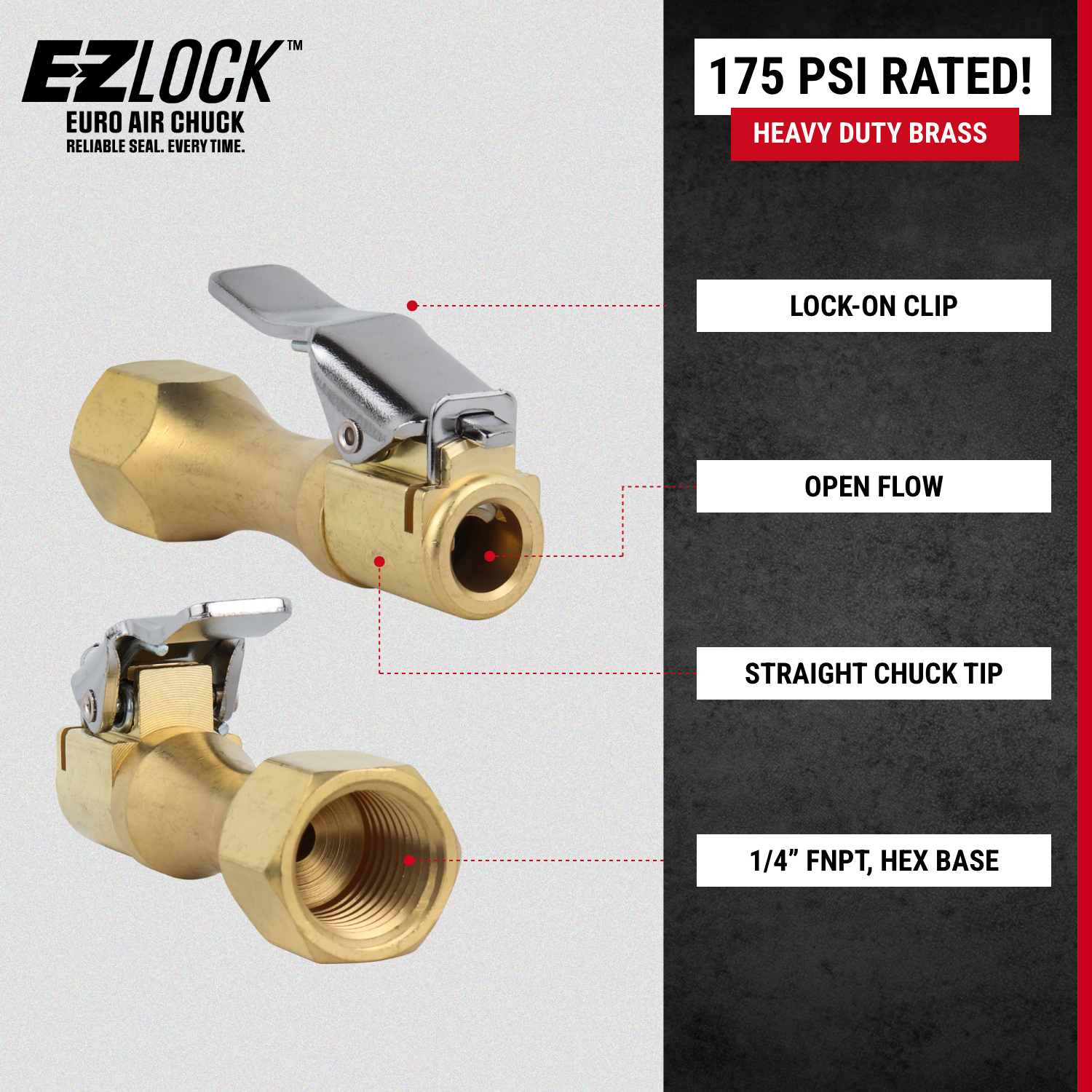 EZ-Lock™ Euro Air Chuck, Heavy Duty Brass, 175 PSI, Open Flow