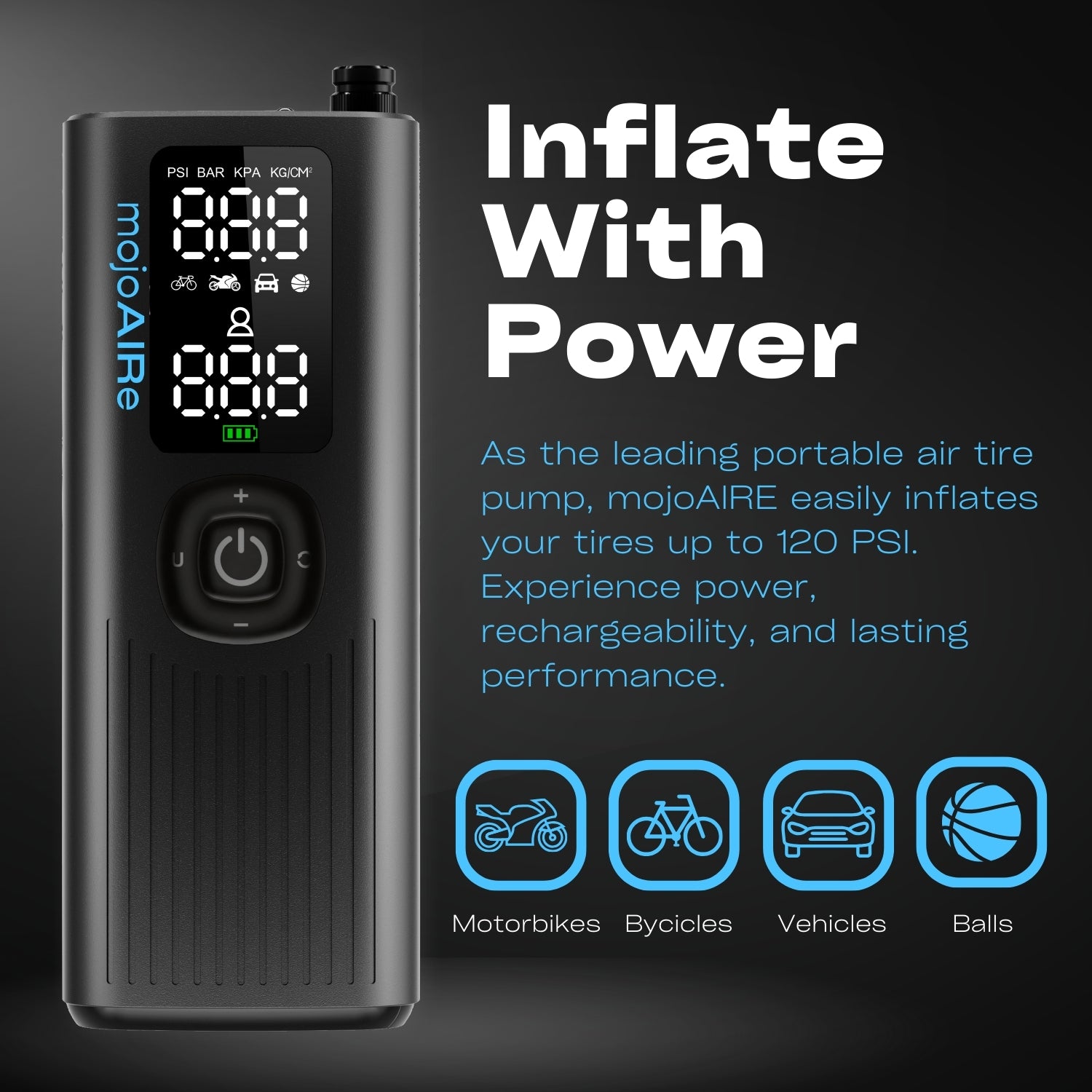 mojoAIRe® Portable Tire Inflator 120 PSI / 2000 MAH Battery