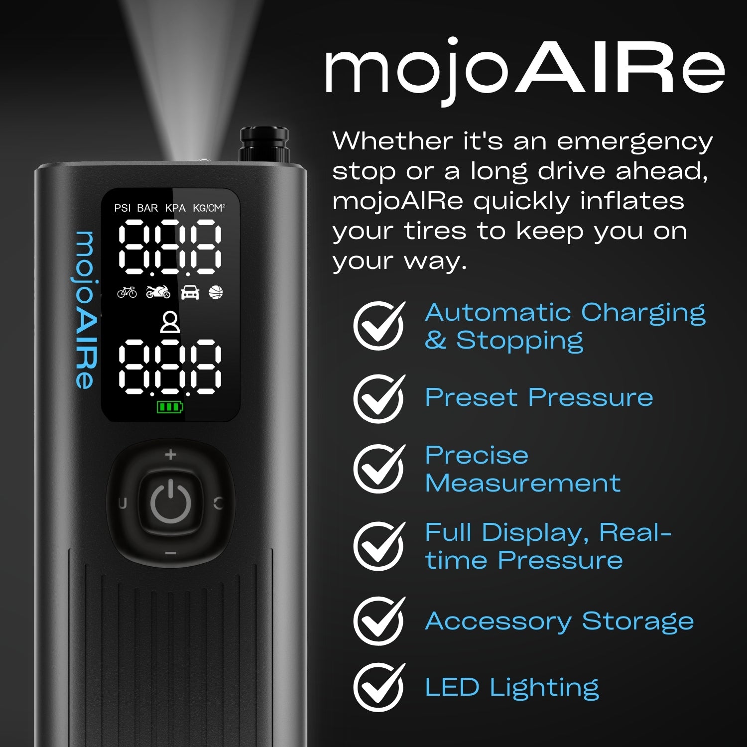 mojoAIRe® Portable Tire Inflator 120 PSI / 2000 MAH Battery