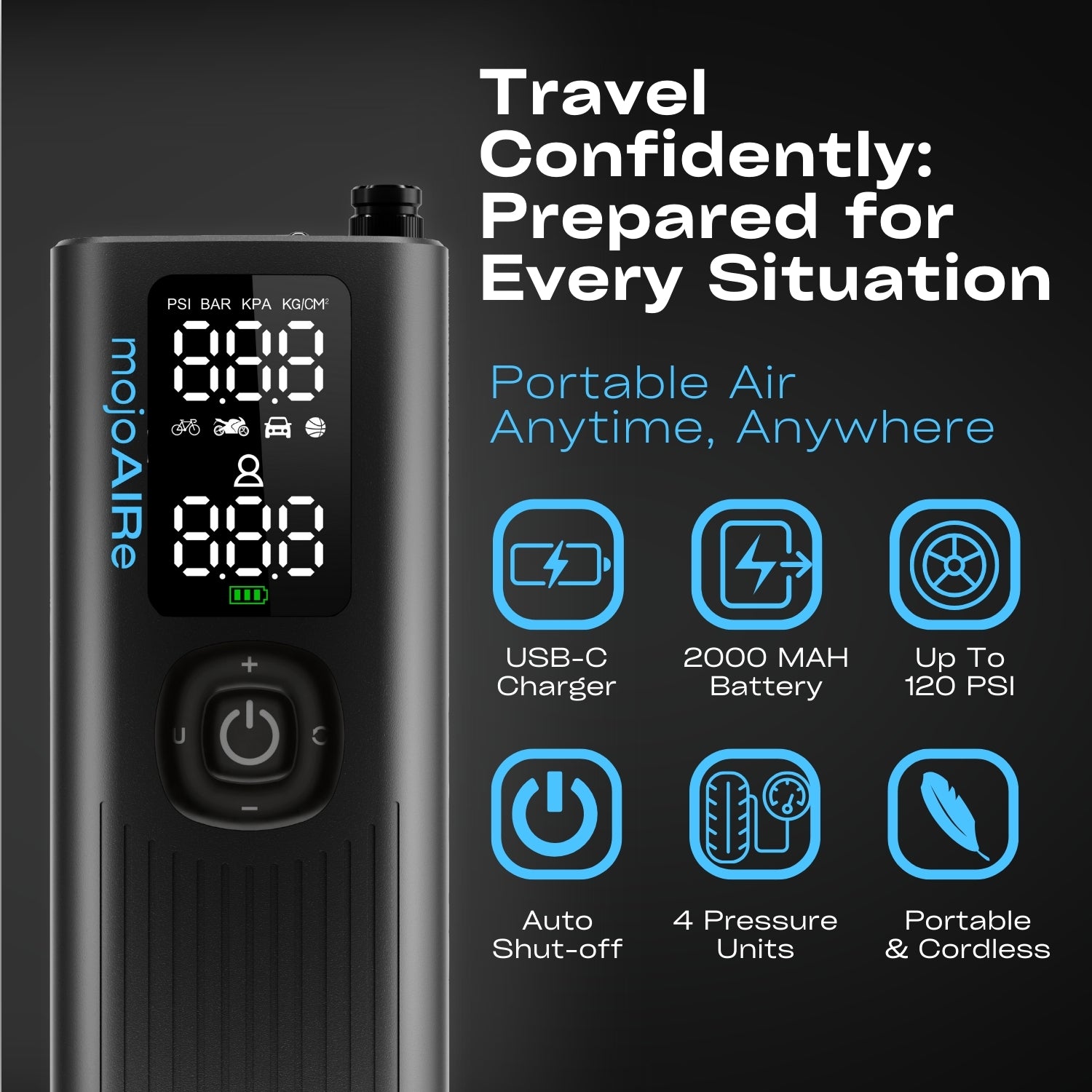 mojoAIRe® Portable Tire Inflator 120 PSI / 2000 MAH Battery