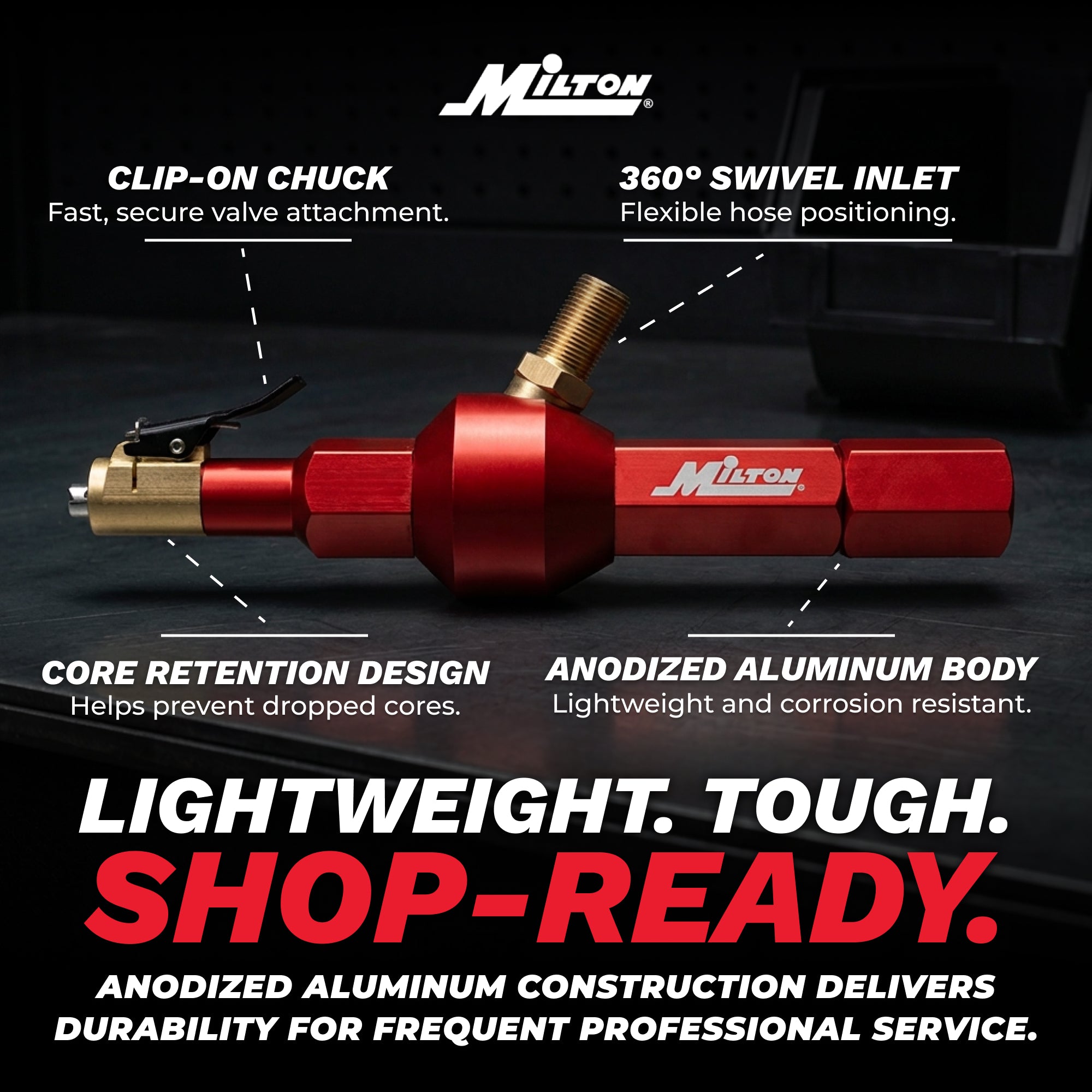 Large Bore Valve Core Removal Tool – Full-Bore Inflator/Deflator with Clip-On Chuck & 360° Swivel Air Inlet