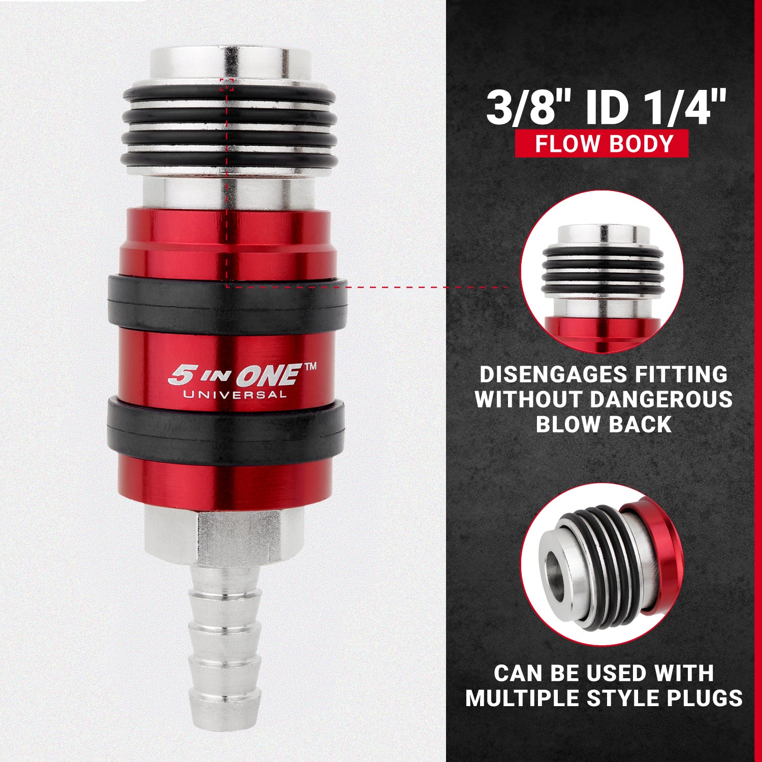 5 In ONE® Universal Safety Exhaust Hose Barb Industrial Coupler, 3/8