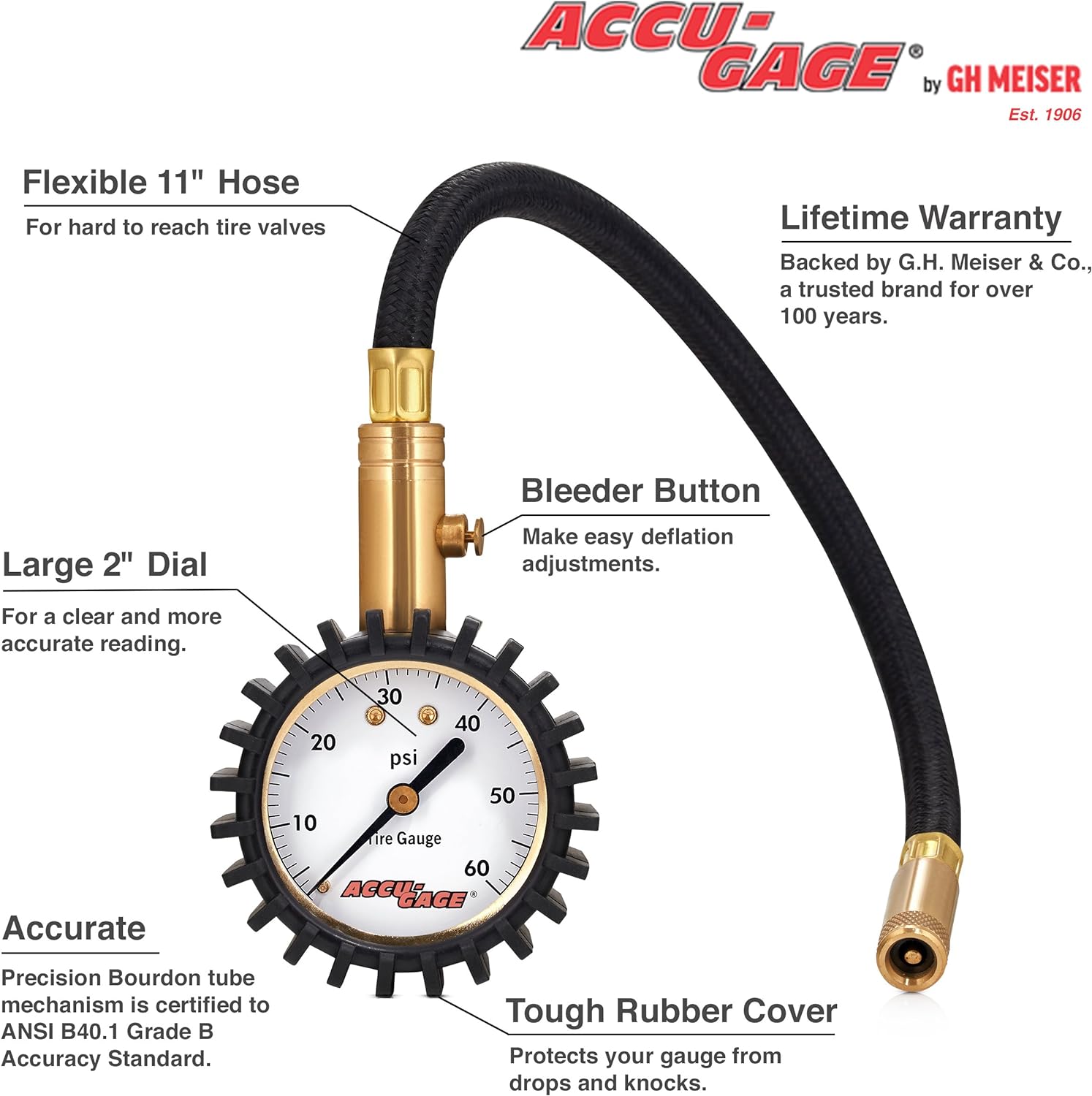 Accu-Gage RH60X Professional Tire Pressure Gauge with Protective Rubber Guard (60 PSI),Straight Chuck