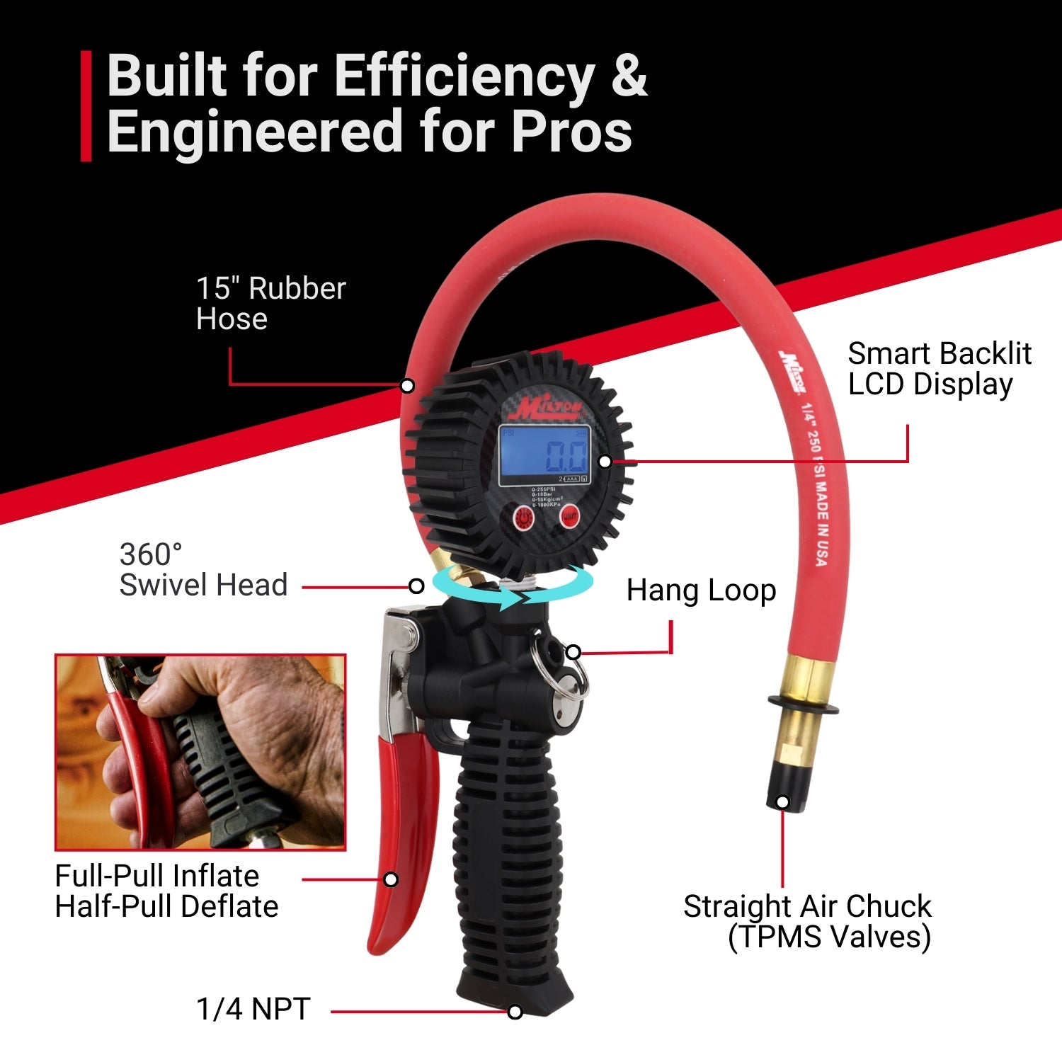 Pro Digital Tire Inflator/Pressure Pistol Grip Gauge, Straight Foot Chuck, 15