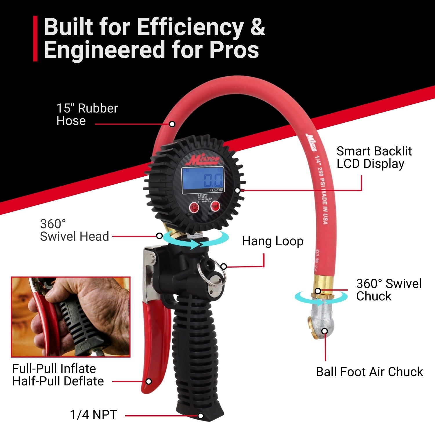 Pro Digital Tire Inflator/Pressure Pistol Grip Gauge, Ball Foot Chuck, 15