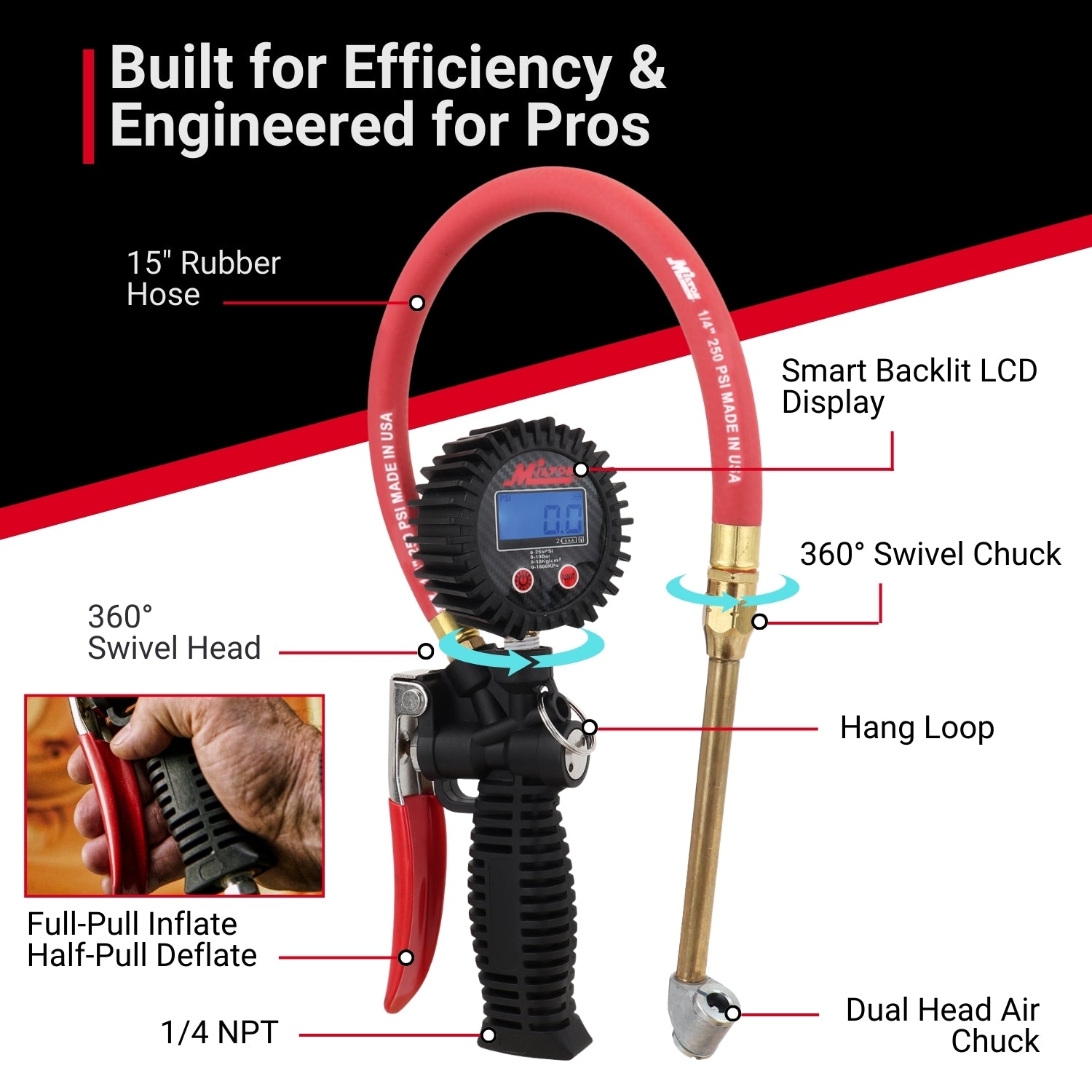 Pro Digital Tire Inflator/Pressure Pistol Grip Gauge, Classic Dual Head Chuck, 15