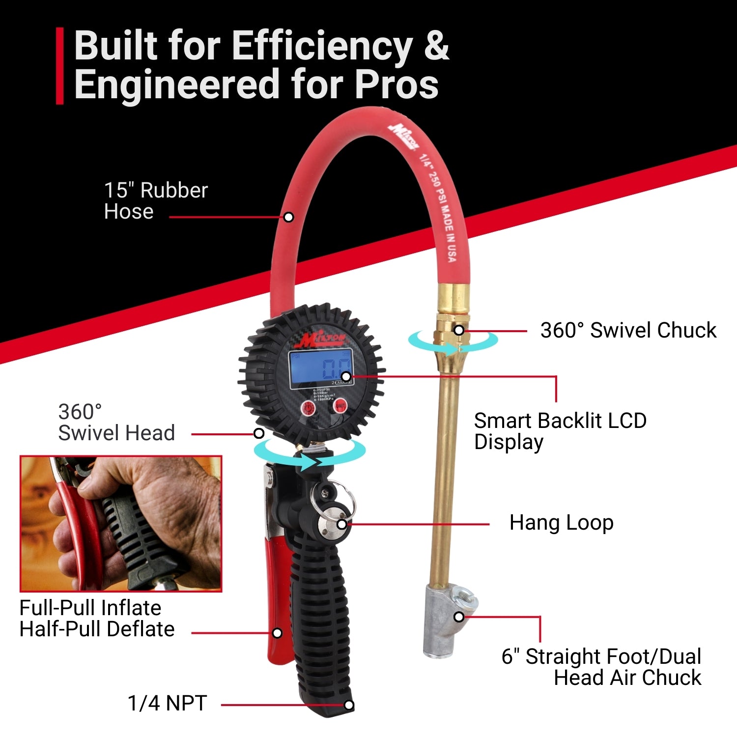 Pro Digital Tire Inflator/Pressure Pistol Grip Gauge, Straight Foot Chuck w/Lock-On Threads, 15