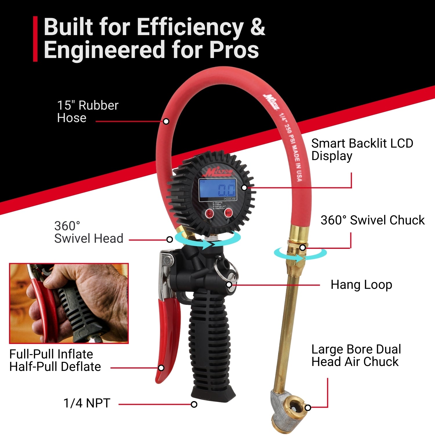 Pro Digital Tire Inflator/Pressure Pistol Grip Gauge, Large Bore Dual Head Chuck, 15