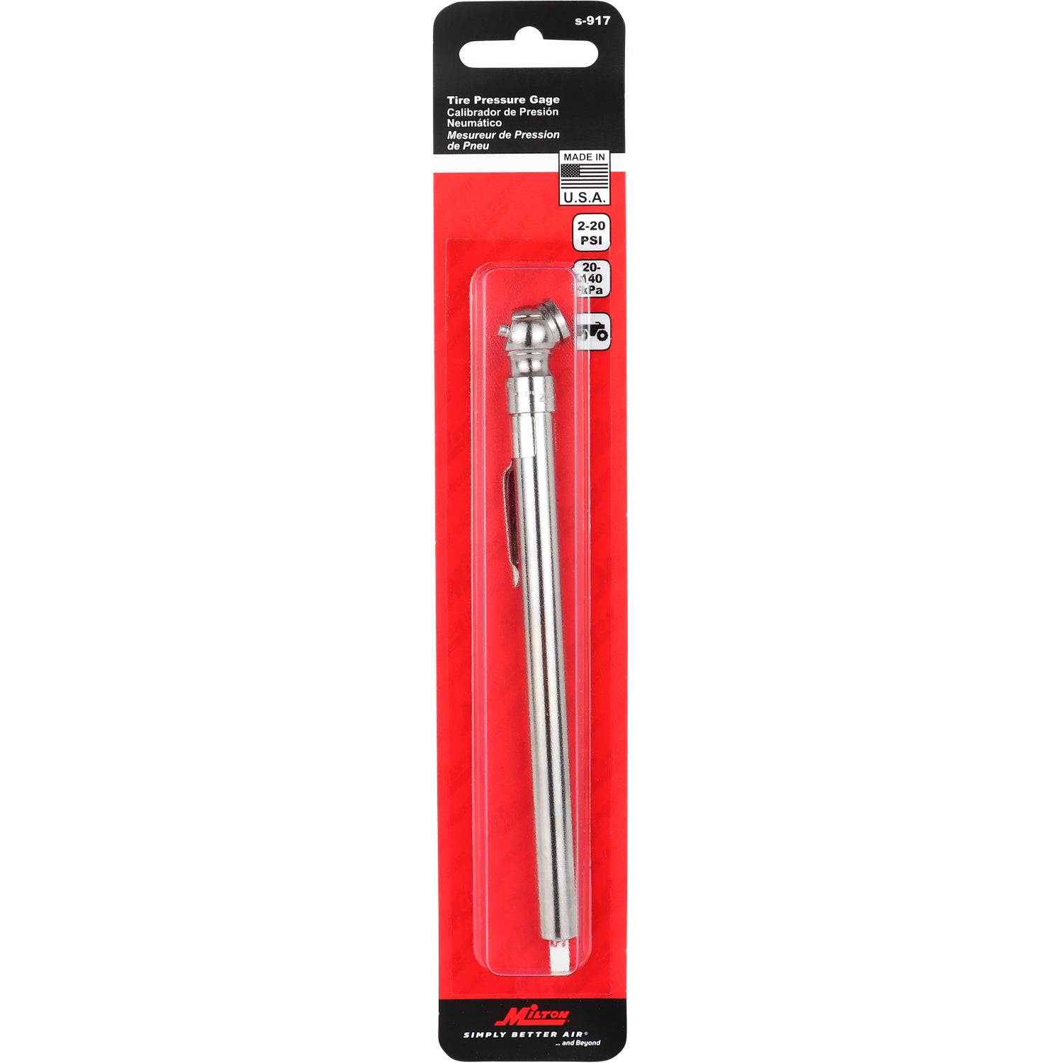 Milton® Heavy Duty, Tire Pencil Gauge, 2-20 PSI, Single Head Air Chuck, Brass Tubing, Corrosion Resistant