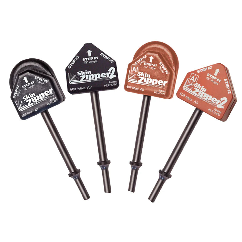 Skin Zipper Collection includes Air Hammer attachment tools that skin a door in less than 10 min., hem narrow window flanges. Use the AI Skin Zippers to skin aluminum doors in 15 min and window openings. Replacement heads available.