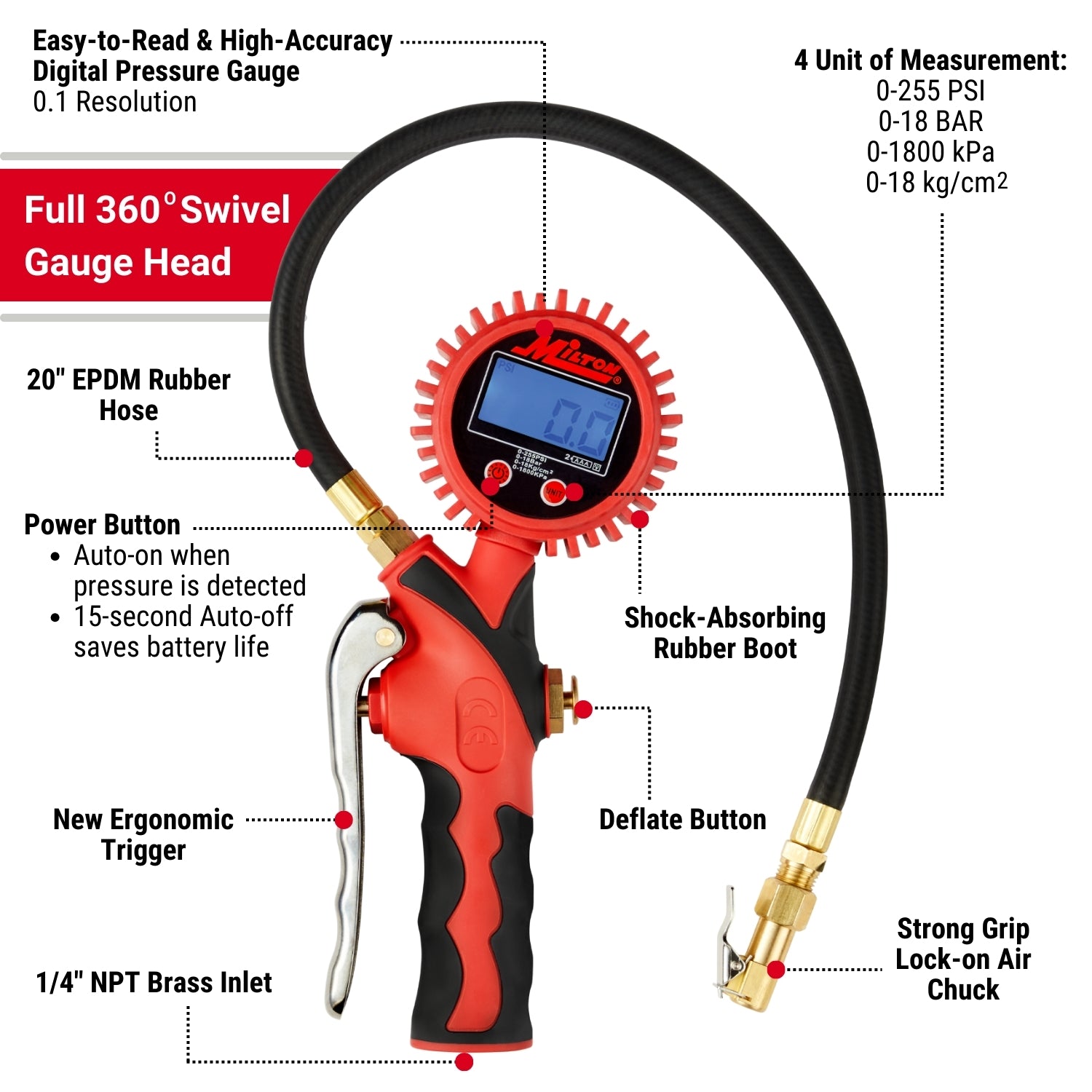 Heavy-Duty Digital Tire Inflator and Air Pressure Gauge, Clip-on Chuck, 1/4