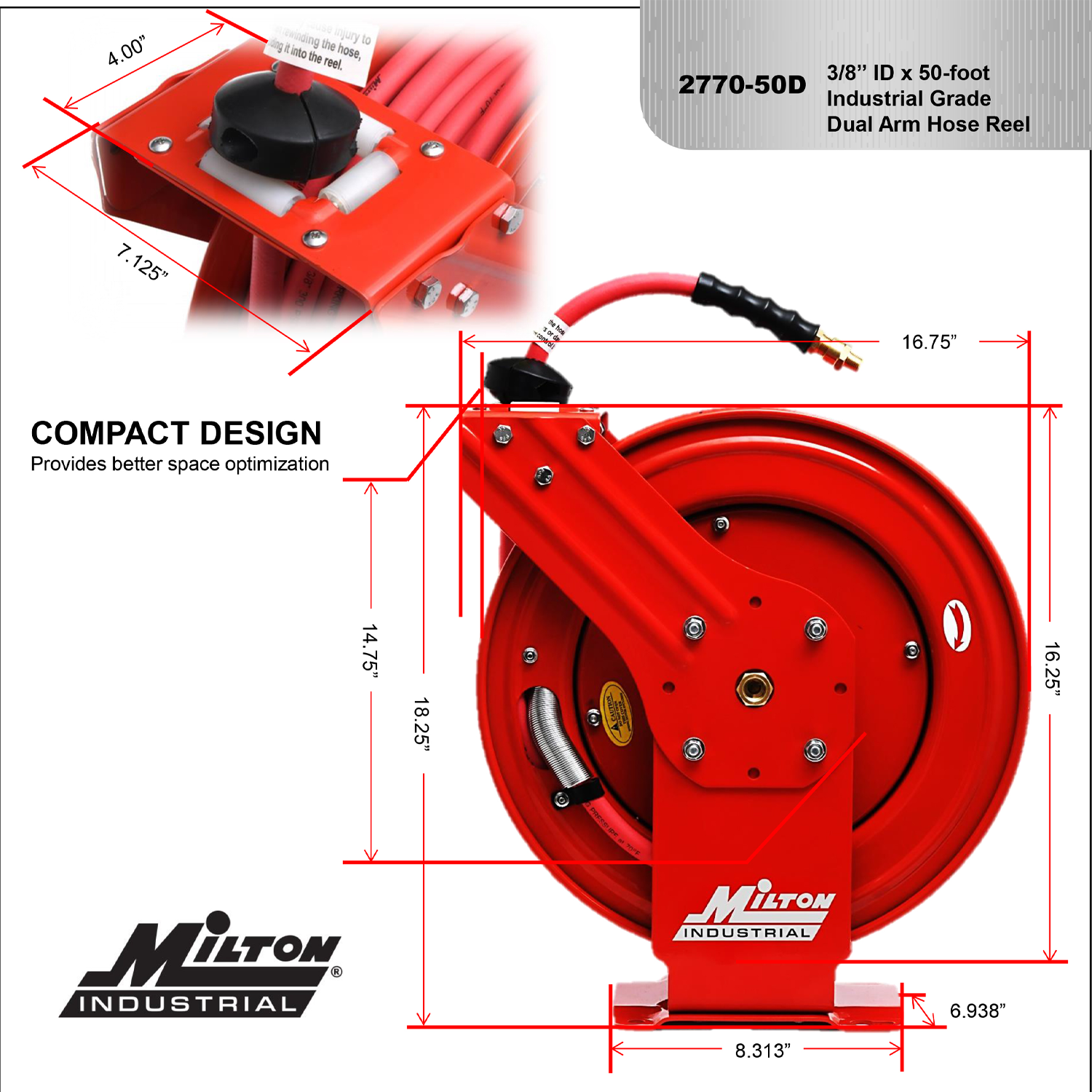 Industrial Auto-Retracting Hose Reel w/ EPDM Rubber Hose, 300 PSI