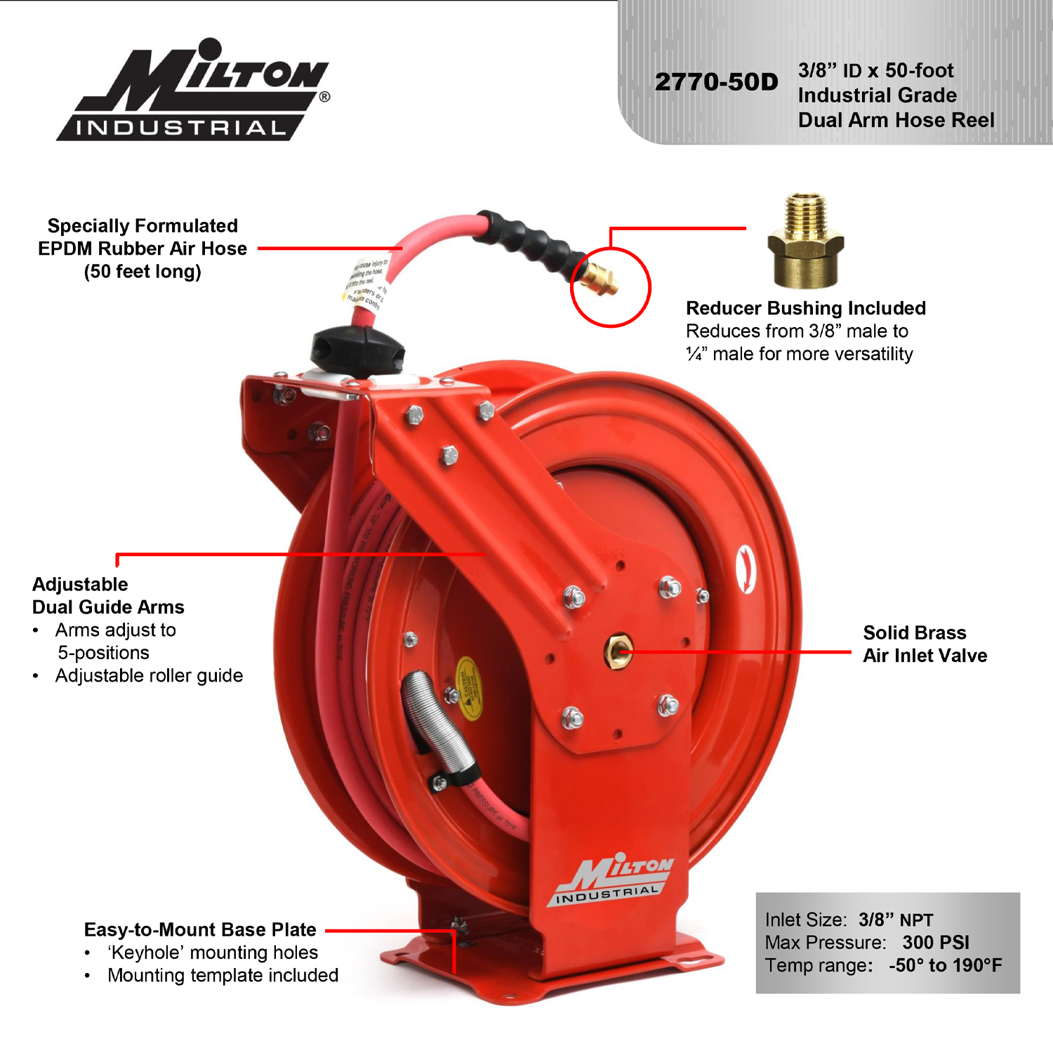 Industrial Auto-Retracting Hose Reel w/ EPDM Rubber Hose, 300 PSI