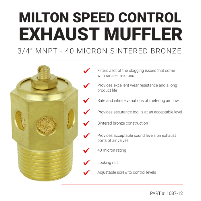 Speed Control Exhaust Muffler, 3/4” MNPT - 40 Micron Sintered Bronze Silencer/Diffuse Air & Noise Reducer