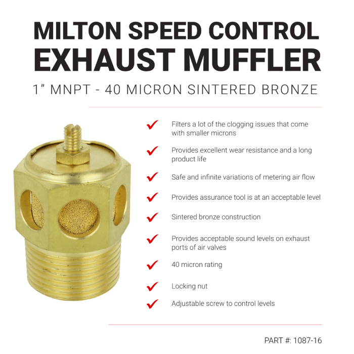 Speed Control Exhaust Muffler, 1” MNPT - 40 Micron Sintered Bronze Silencer/Diffuse Air & Noise Reducer
