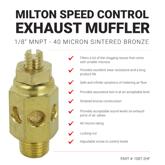 High Volume Speed Control Exhaust Muffler, 1/8” MNPT - 40 Micron Sintered Bronze Silencer/Diffuse Air & Noise Reducer