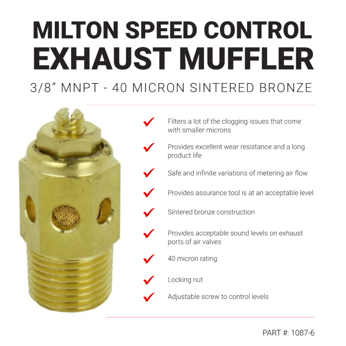 Speed Control Exhaust Muffler, 3/8” MNPT - 40 Micron Sintered Bronze Silencer/Diffuse Air & Noise Reducer